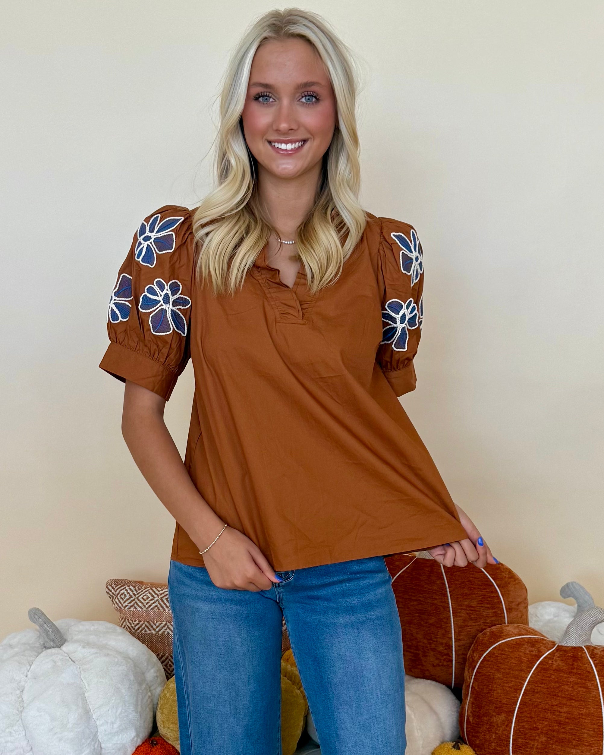Spotted Around Caramel Embroidered Top-Shop-Womens-Boutique-Clothing