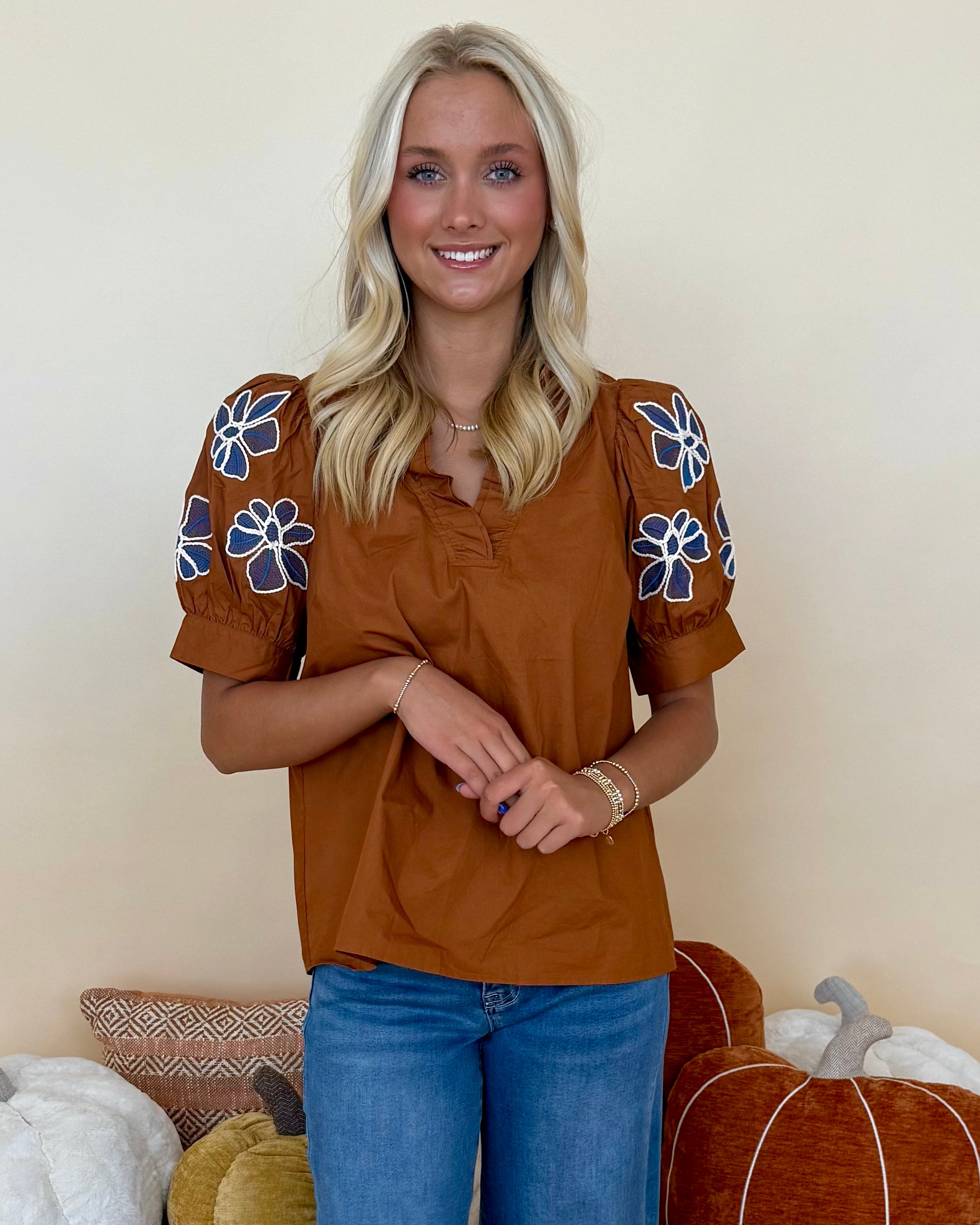Spotted Around Caramel Embroidered Top-Shop-Womens-Boutique-Clothing