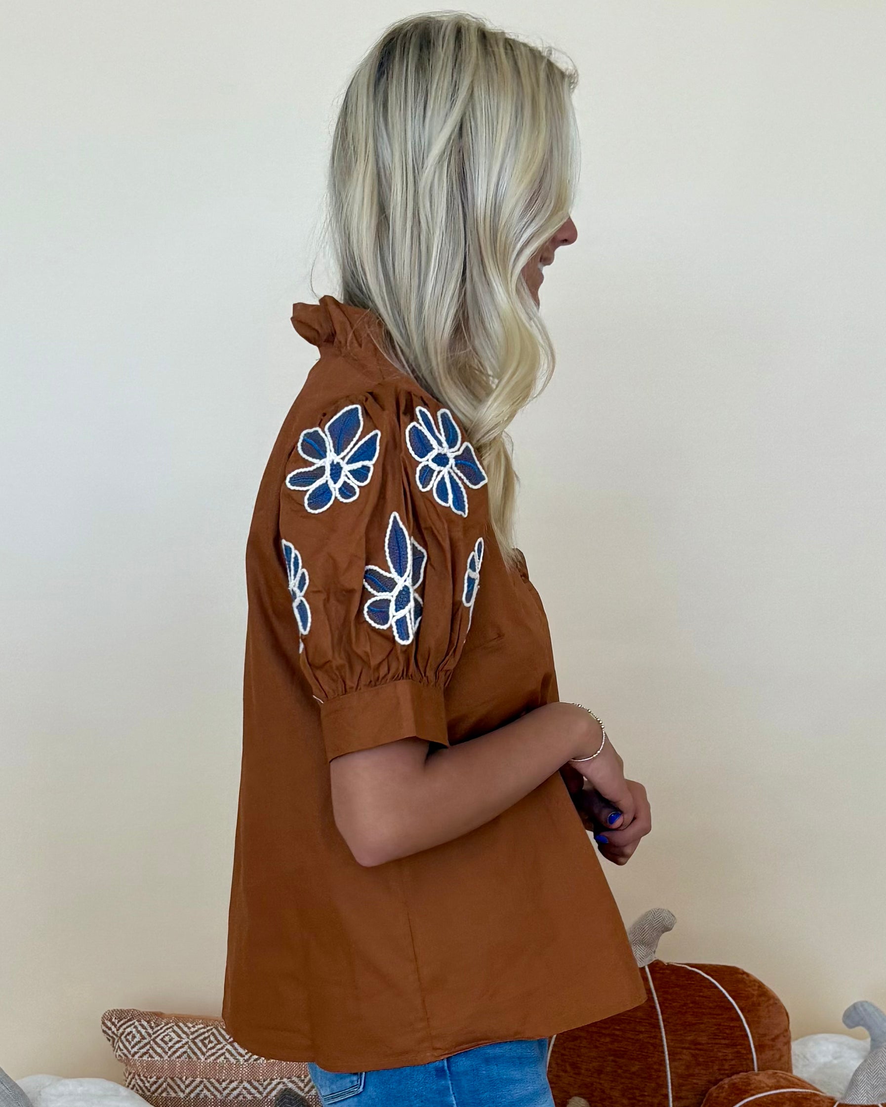 Spotted Around Caramel Embroidered Top-Shop-Womens-Boutique-Clothing