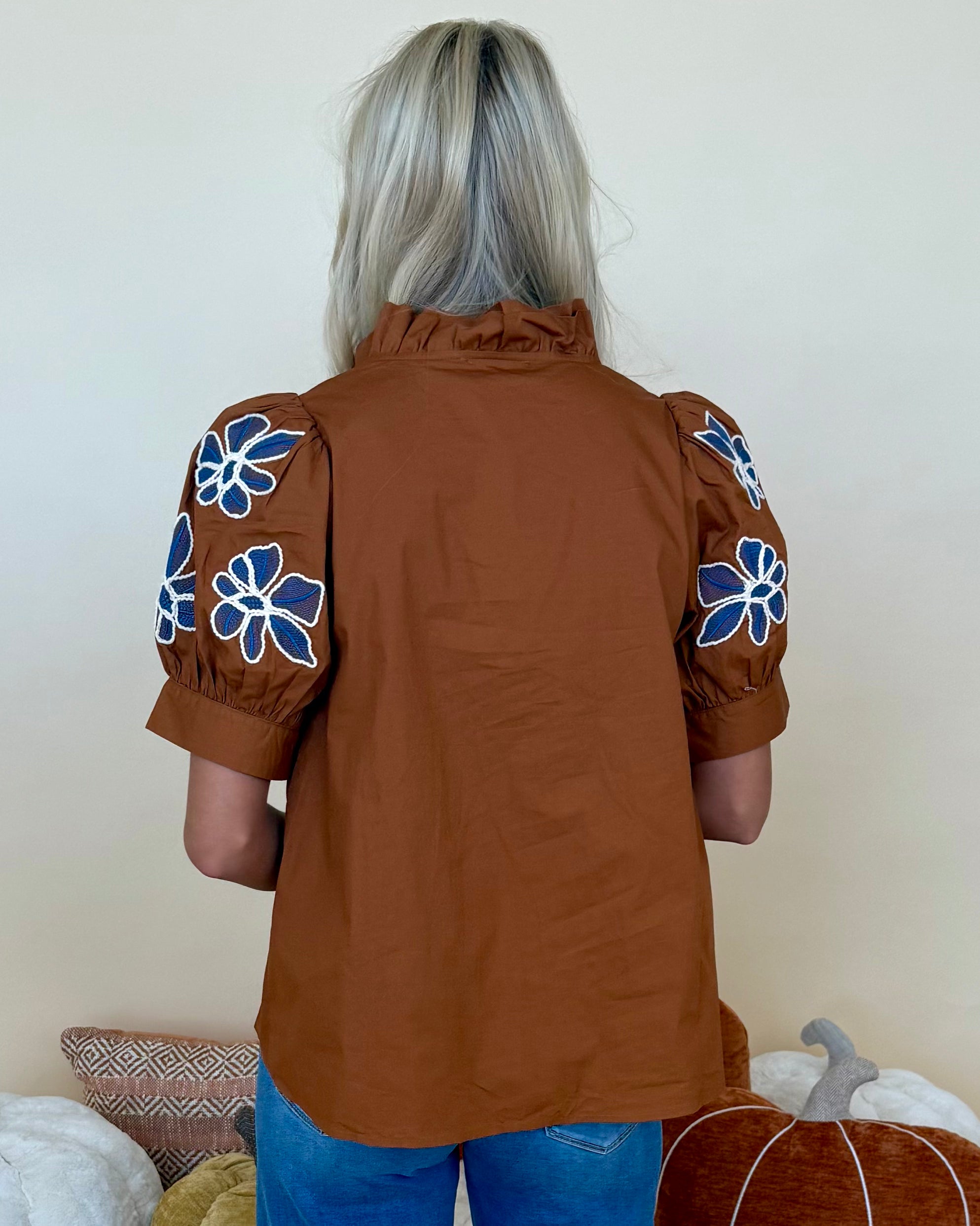 Spotted Around Caramel Embroidered Top-Shop-Womens-Boutique-Clothing