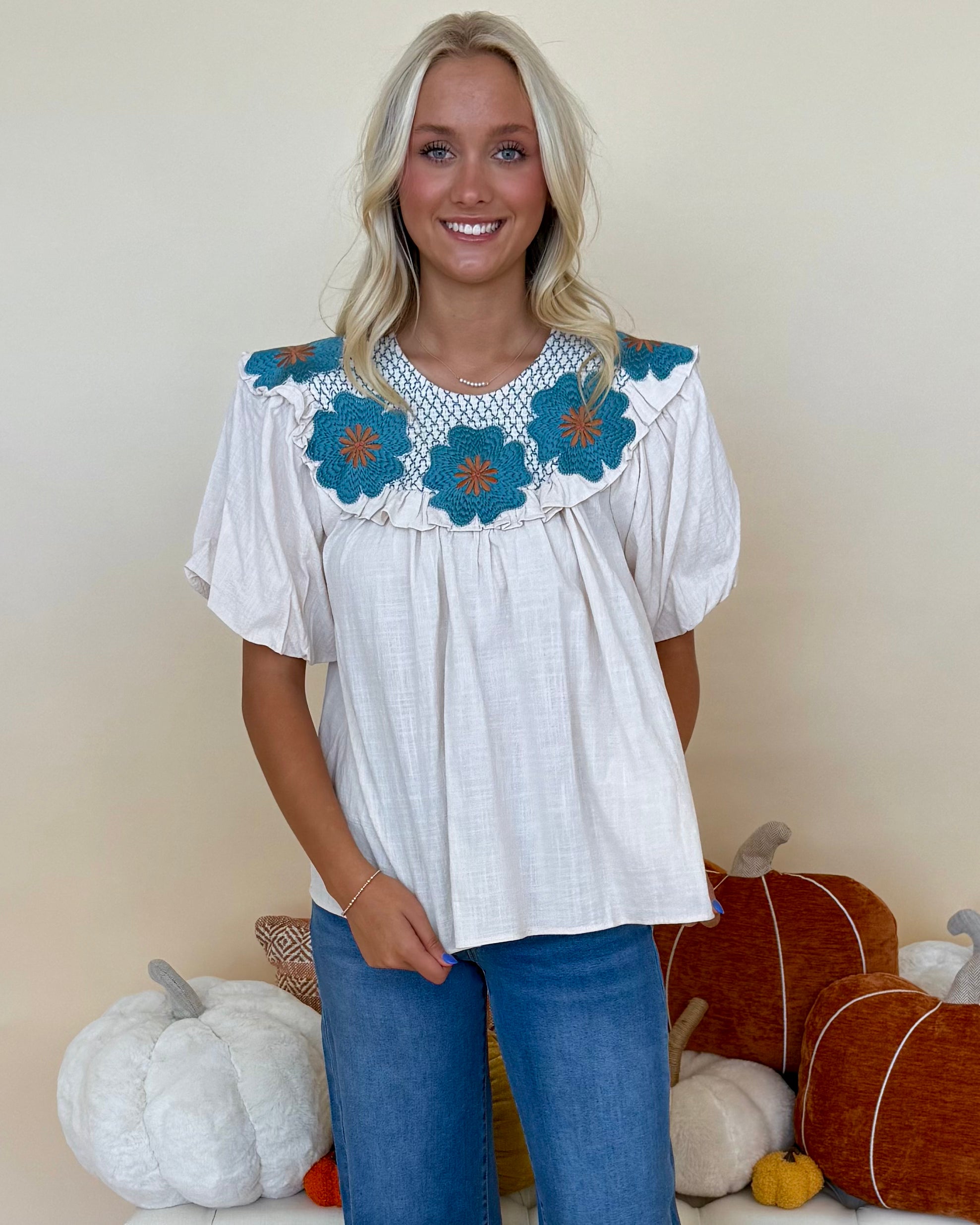 How Far Cream/Teal Floral Embroidered Top-Shop-Womens-Boutique-Clothing