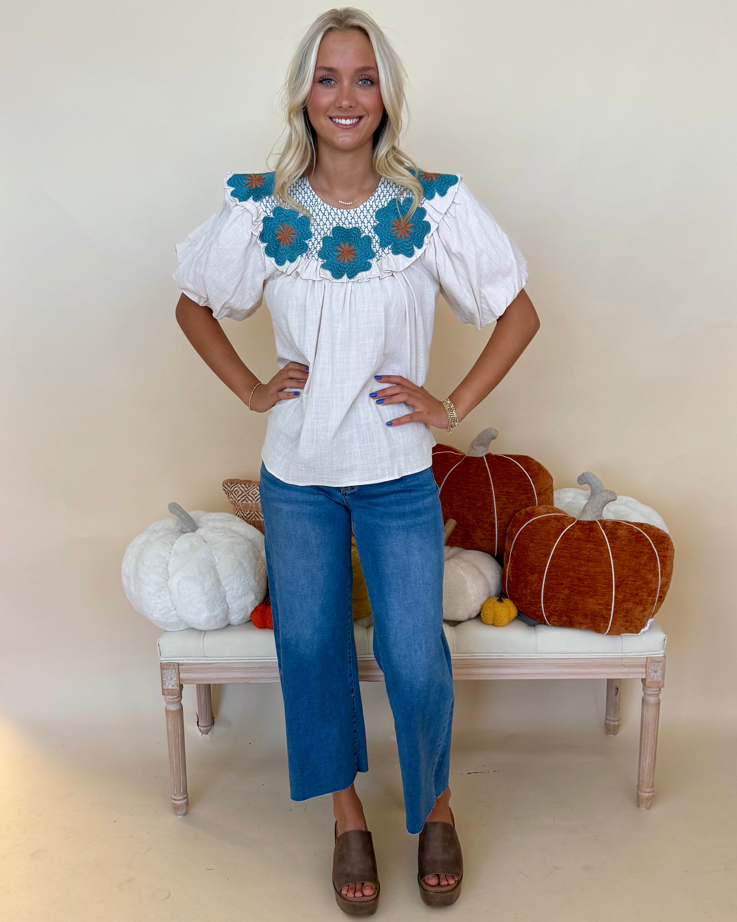 How Far Cream/Teal Floral Embroidered Top-Shop-Womens-Boutique-Clothing