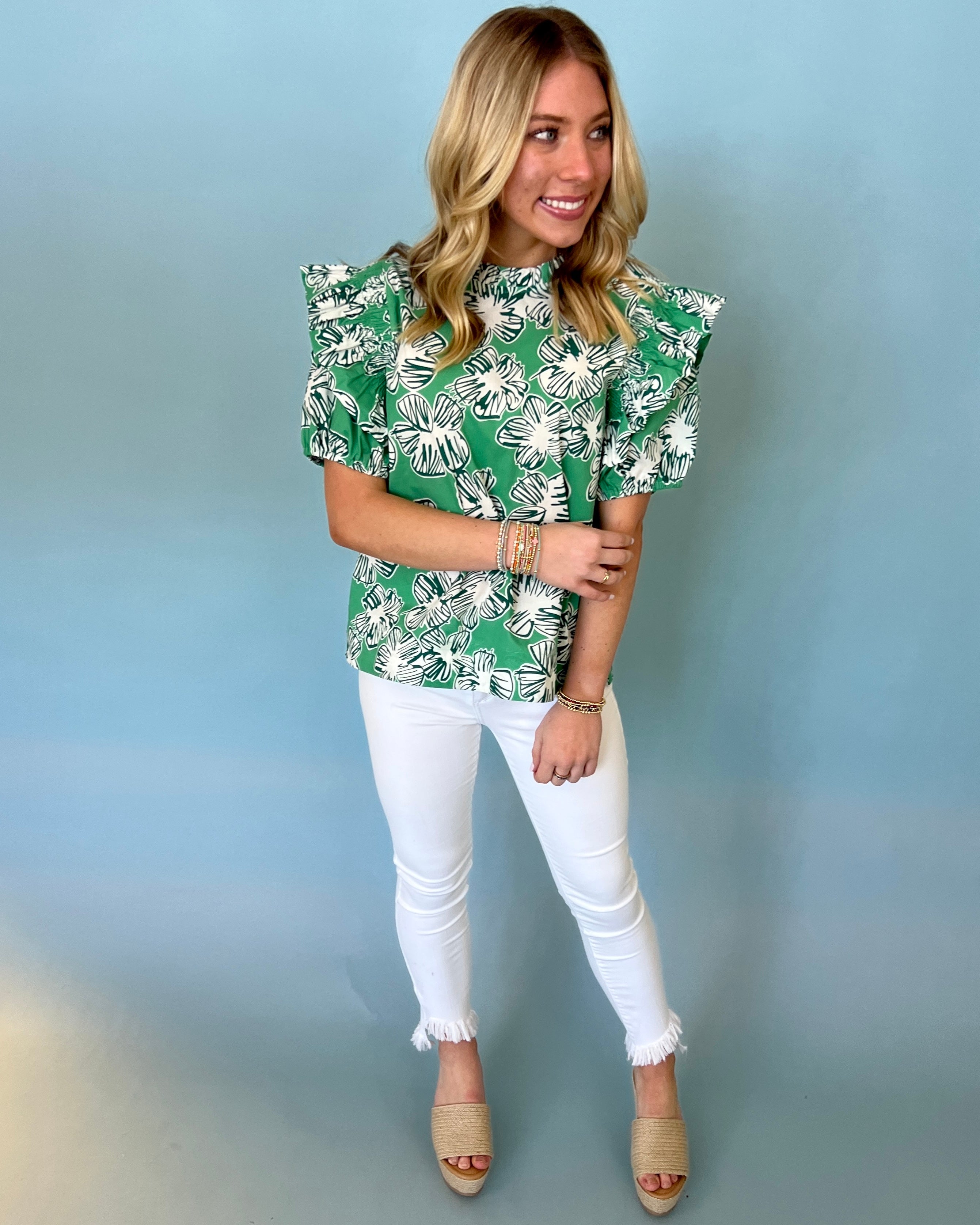 More Alike Seafoam Floral Ruffle Top-Shop-Womens-Boutique-Clothing