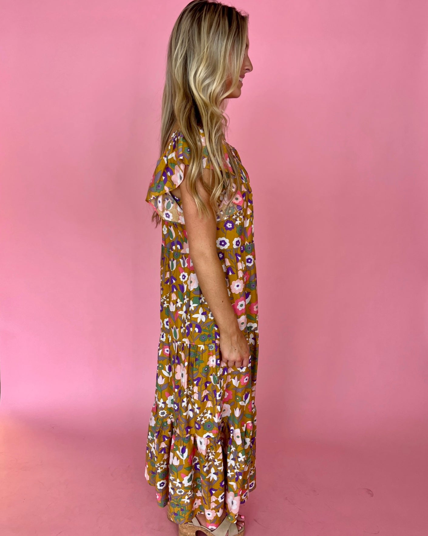 Strolling Around Mustard Floral Tiered Ruffle Midi Dress-Shop-Womens-Boutique-Clothing