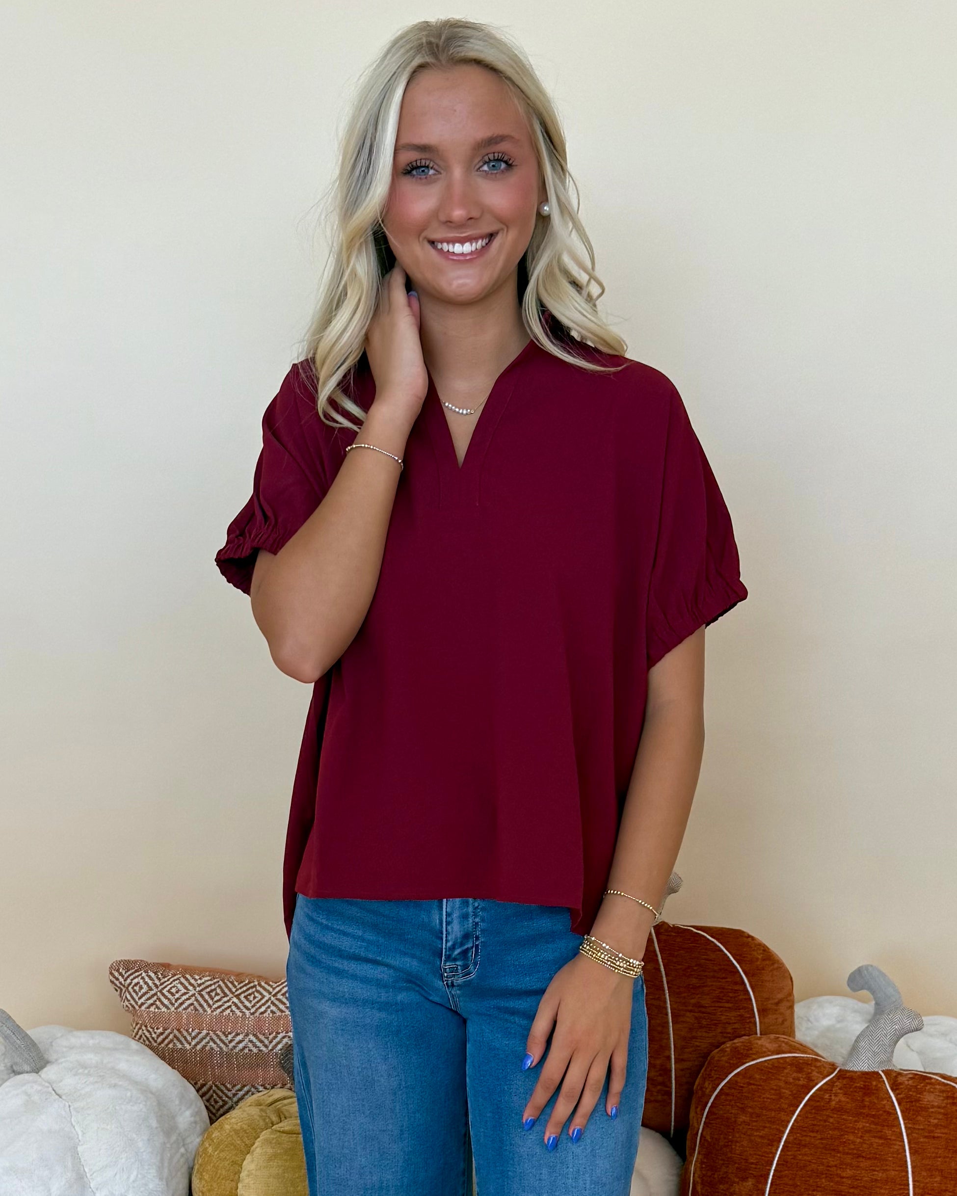 Make It Count Burgundy V Neck Top-Shop-Womens-Boutique-Clothing