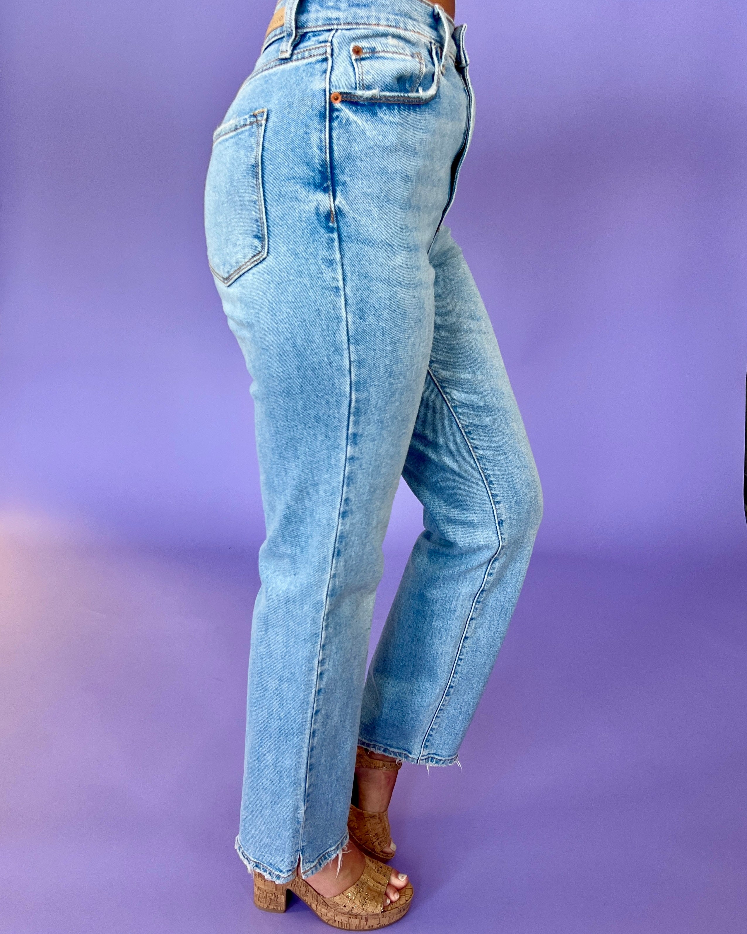 Keeping With It Light Denim Super High Rise Mini Slit Dad Jeans-Shop-Womens-Boutique-Clothing