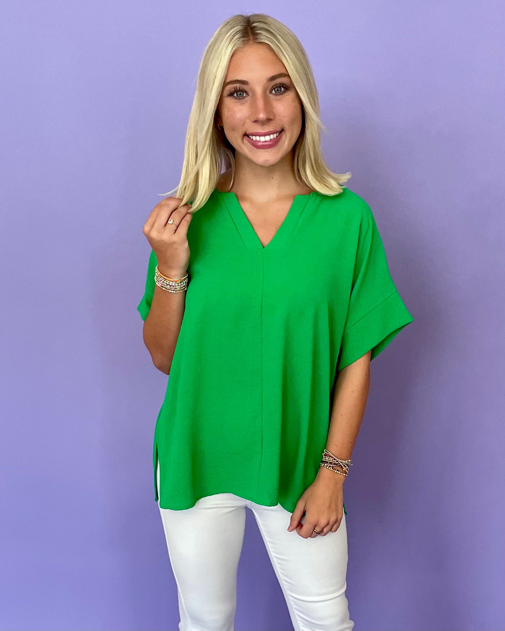 Somewhere Out Kelly Green Split Neck Top-Shop-Womens-Boutique-Clothing