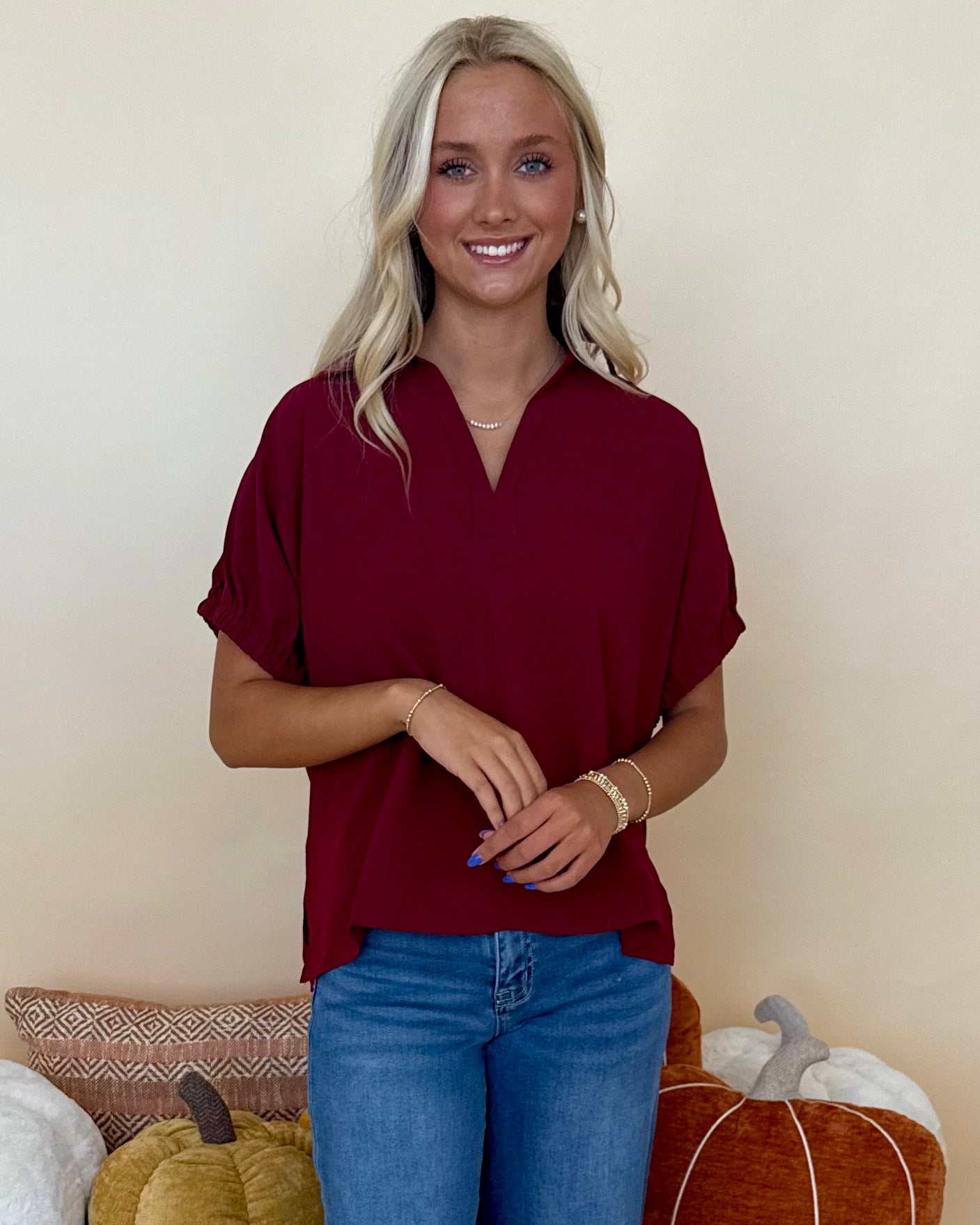 Make It Count Burgundy V Neck Top-Shop-Womens-Boutique-Clothing