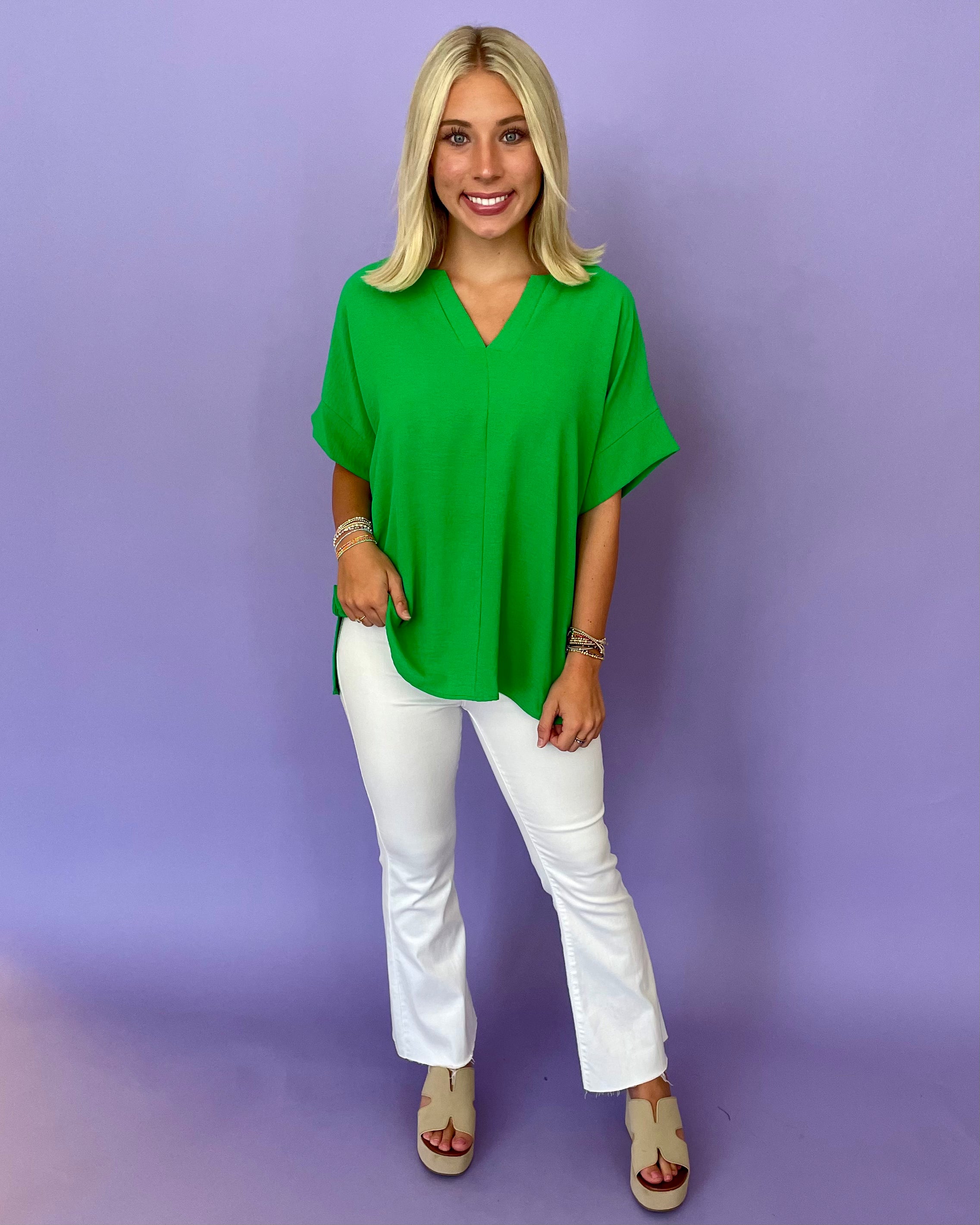 Somewhere Out Kelly Green Split Neck Top-Shop-Womens-Boutique-Clothing