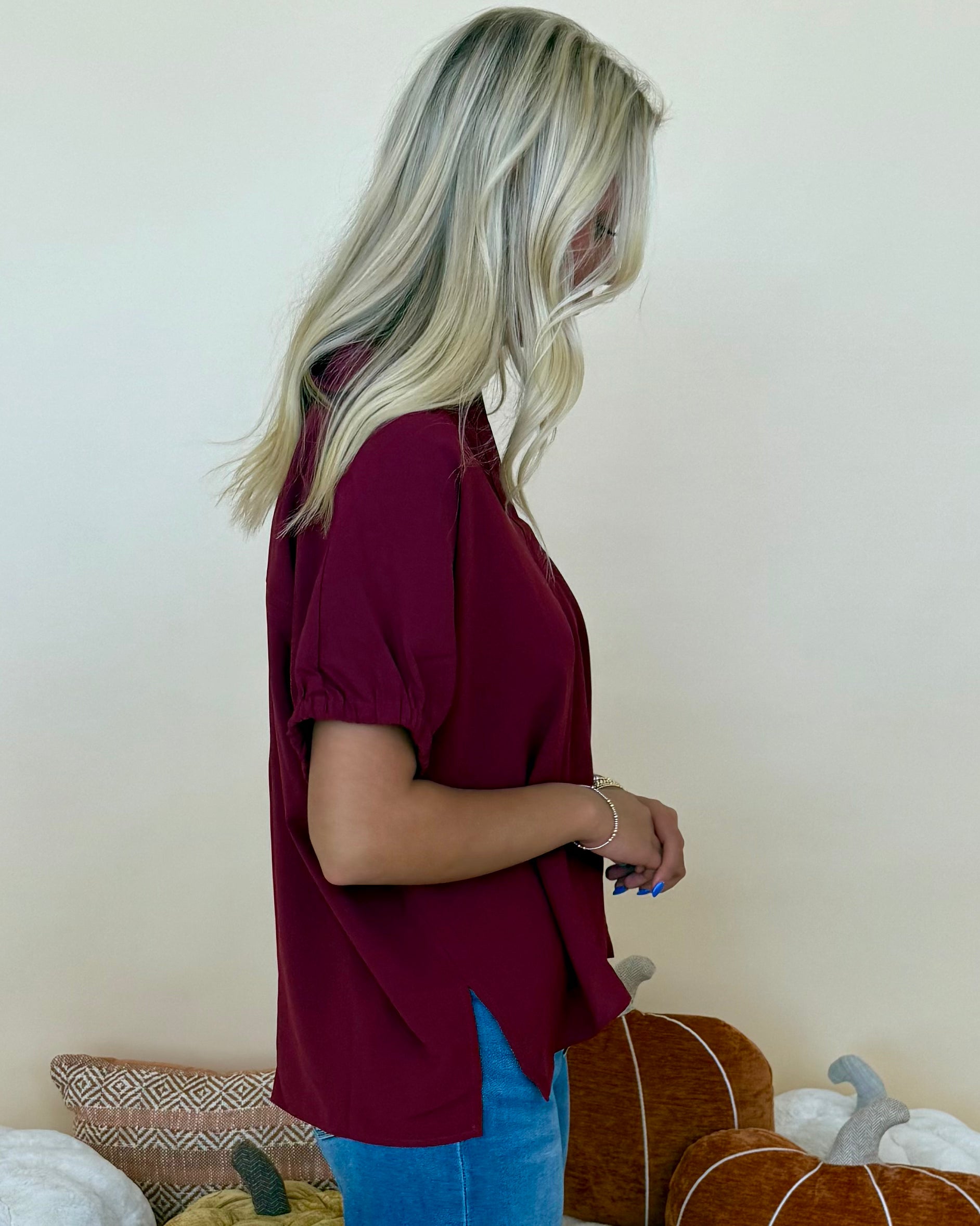 Make It Count Burgundy V Neck Top-Shop-Womens-Boutique-Clothing
