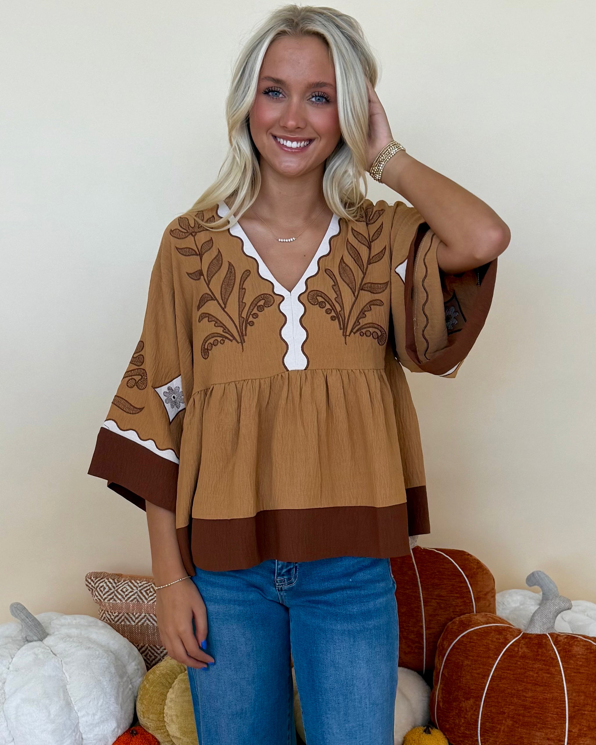Staying Hopeful Chestnut Embroidered Contrast Top-Shop-Womens-Boutique-Clothing