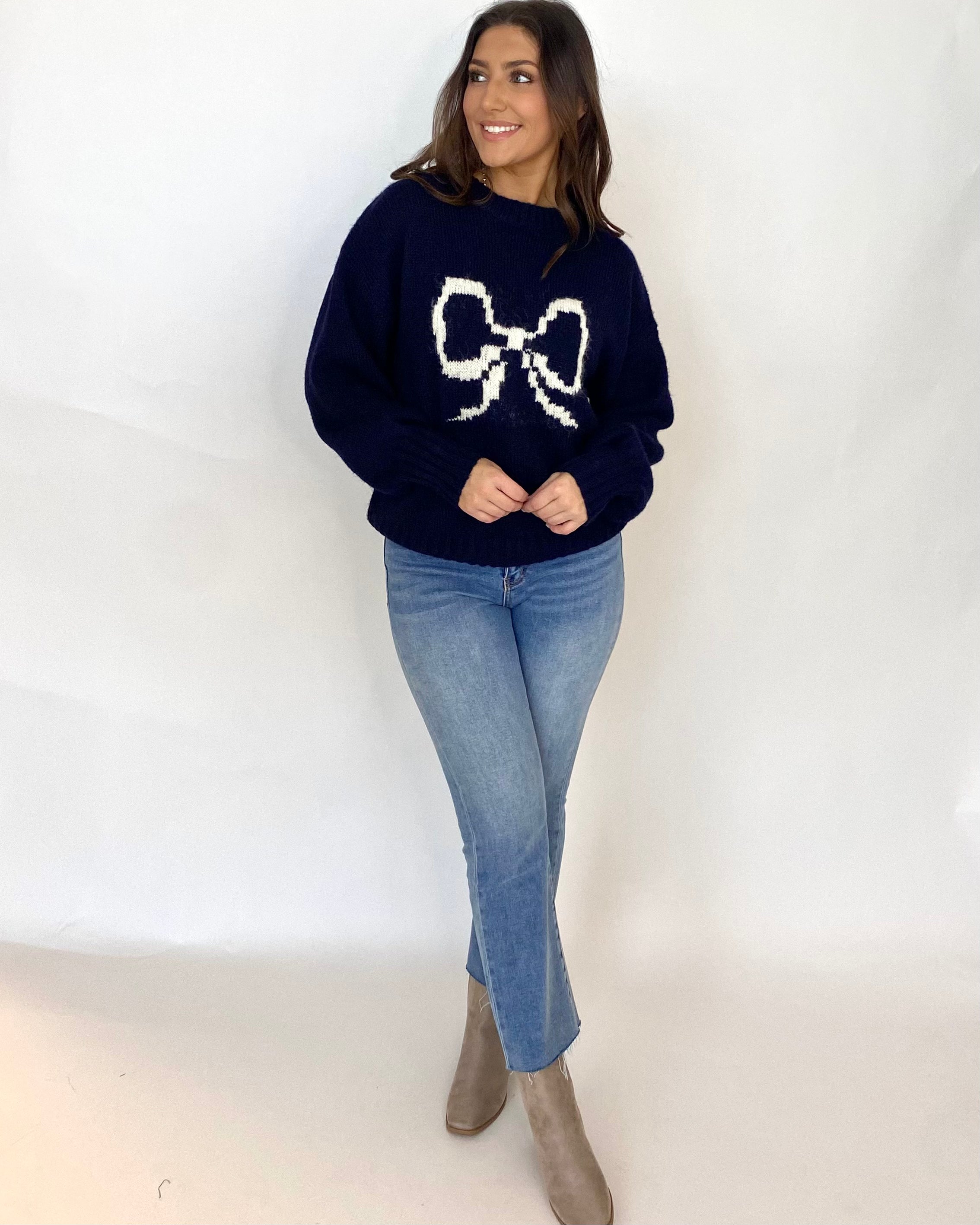 Living Right Navy Bow Knit Sweater-Shop-Womens-Boutique-Clothing