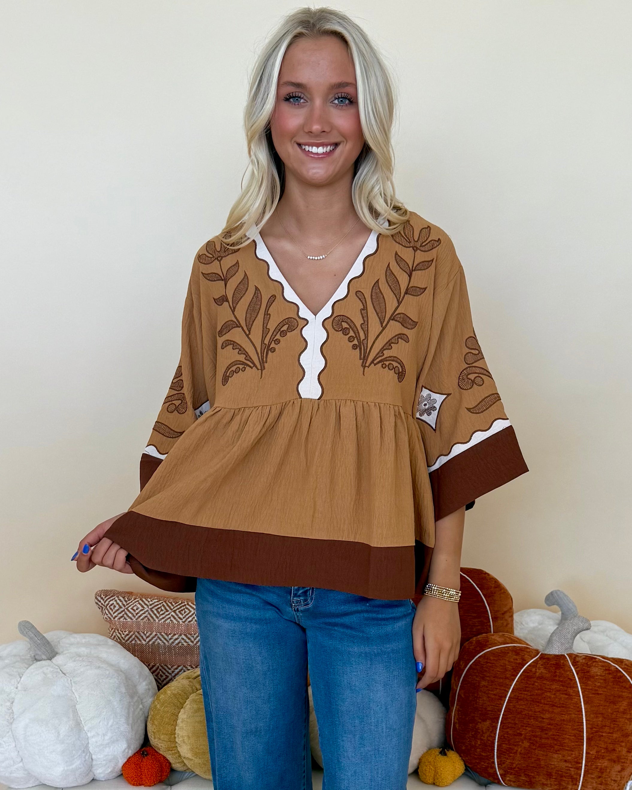Staying Hopeful Chestnut Embroidered Contrast Top-Shop-Womens-Boutique-Clothing
