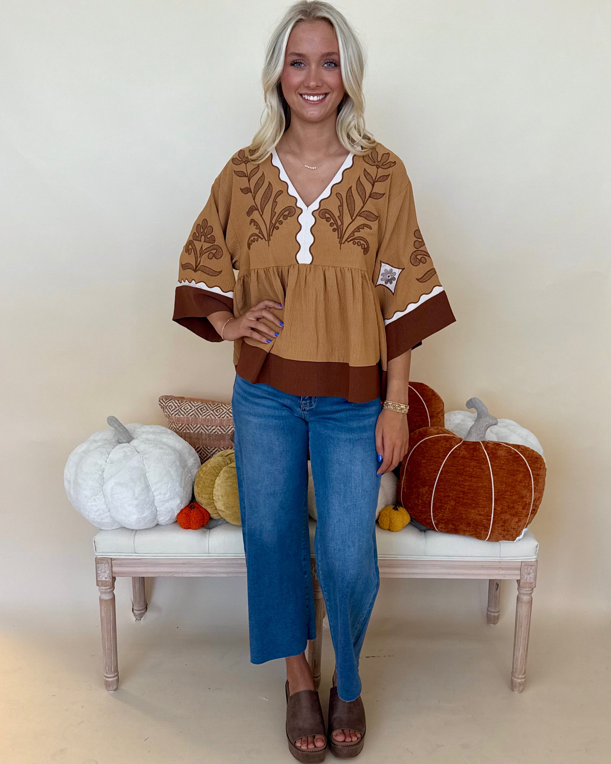 Staying Hopeful Chestnut Embroidered Contrast Top-Shop-Womens-Boutique-Clothing