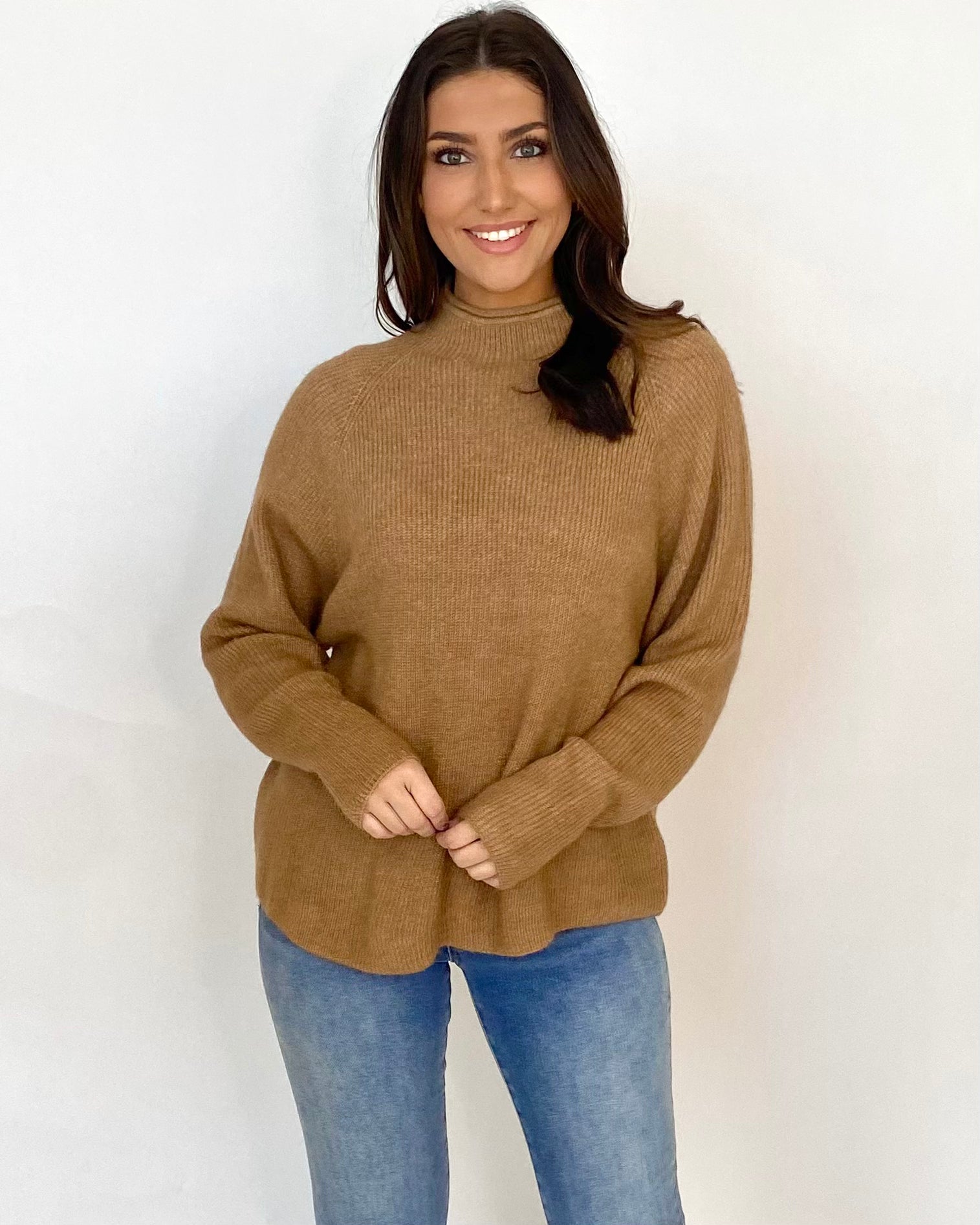 Just Watch Camel Raglan Sleeve Sweater-Shop-Womens-Boutique-Clothing