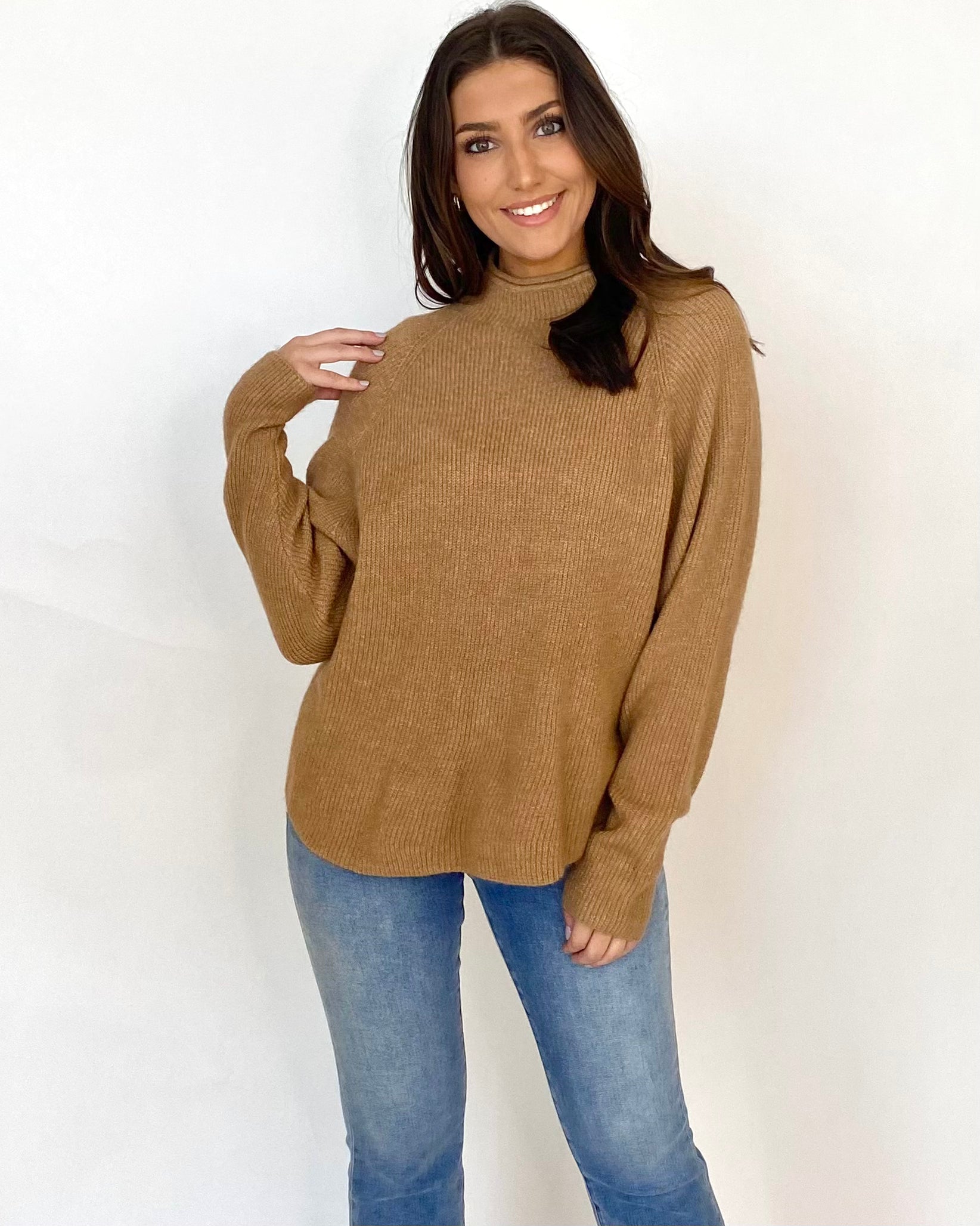 Just Watch Camel Raglan Sleeve Sweater-Shop-Womens-Boutique-Clothing