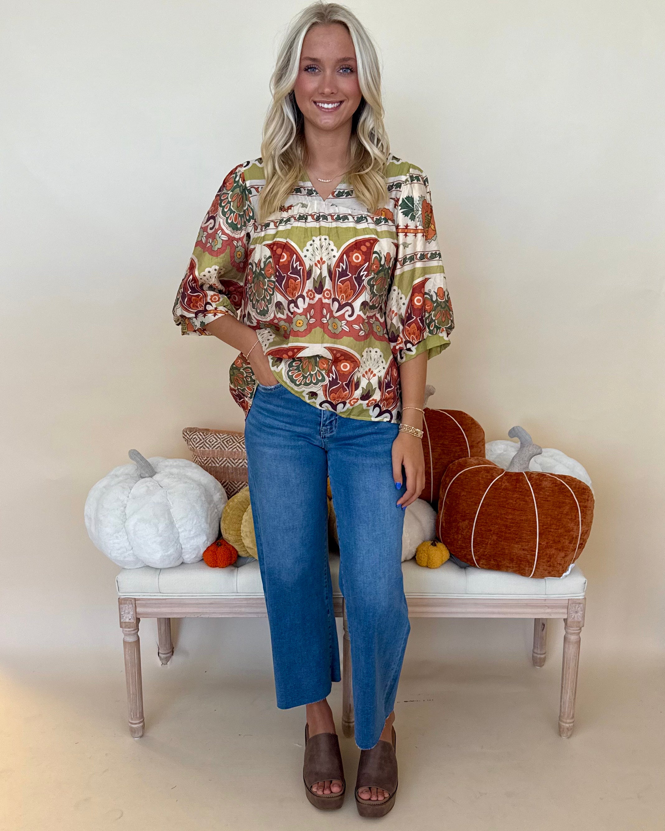 Forever Young Green Mix Print Split Neck Top-Shop-Womens-Boutique-Clothing
