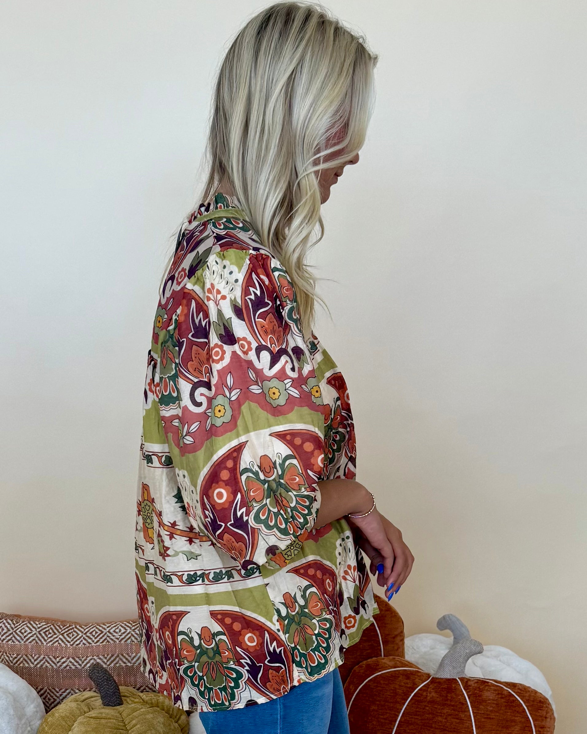 Forever Young Green Mix Print Split Neck Top-Shop-Womens-Boutique-Clothing