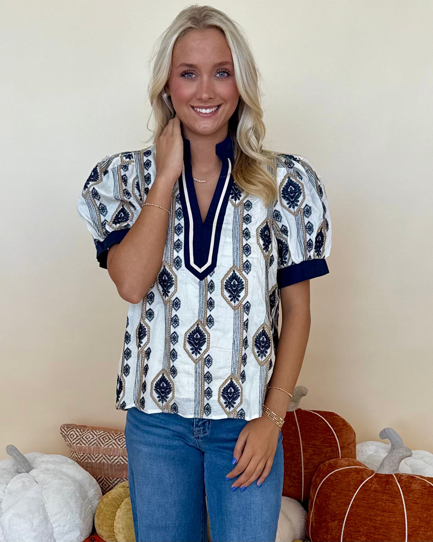 Effortless Fun Navy Abstract V Neck Top-Shop-Womens-Boutique-Clothing