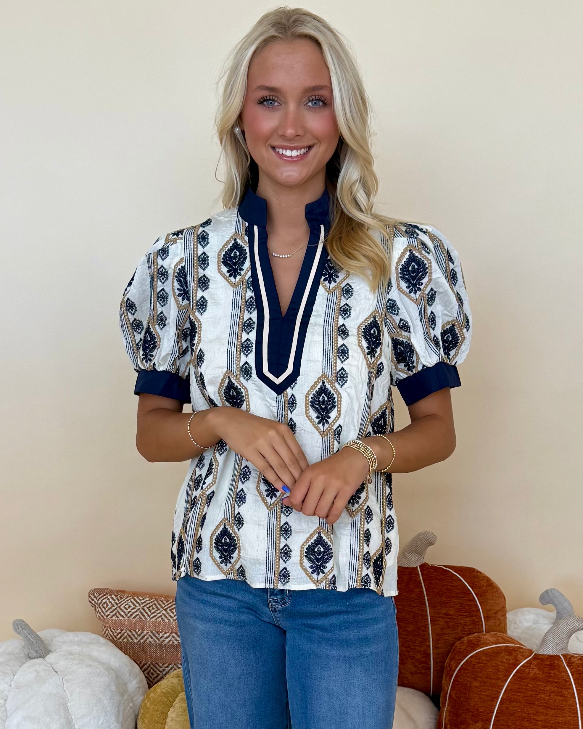 Effortless Fun Navy Abstract V Neck Top-Shop-Womens-Boutique-Clothing