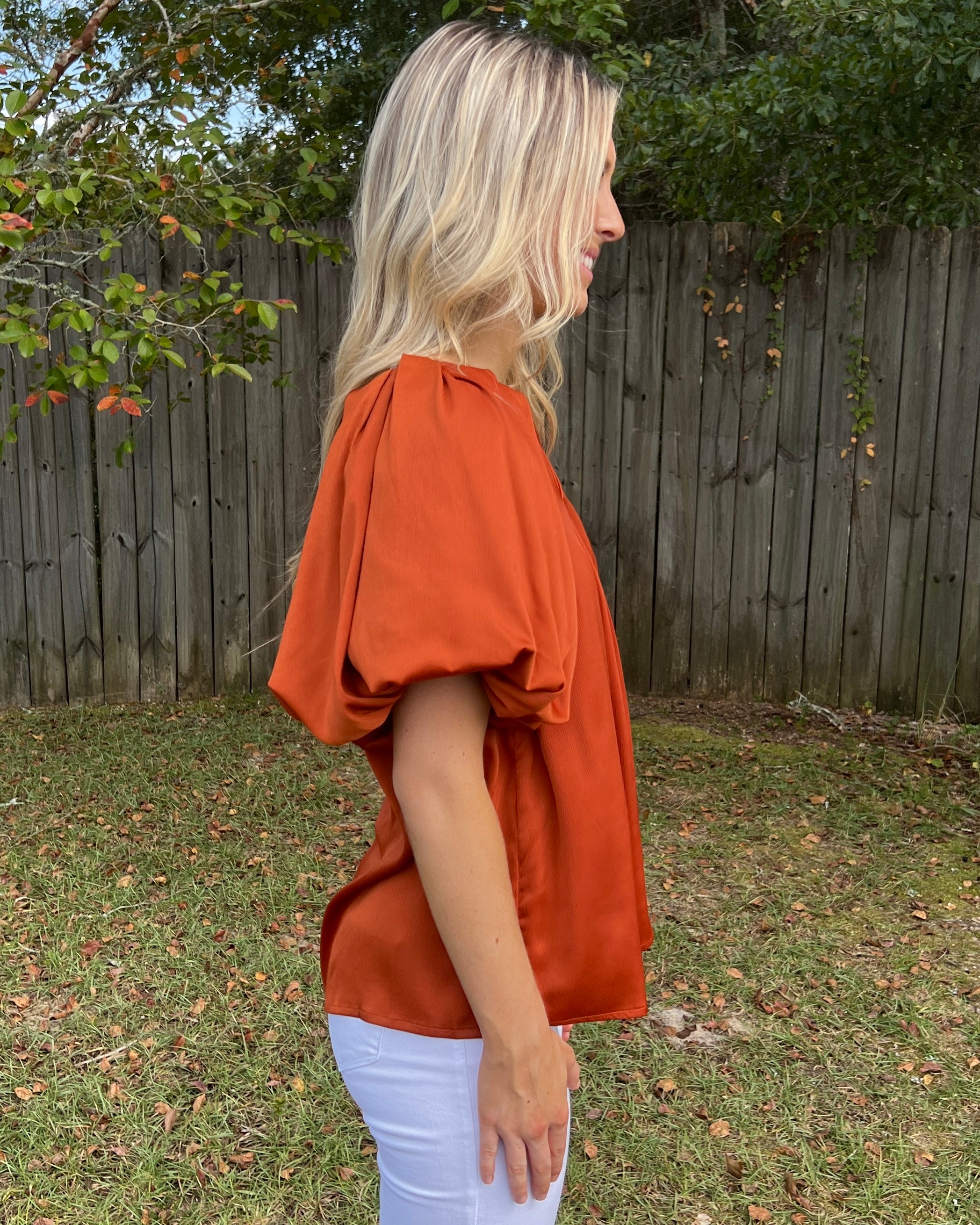 Carry On Copper V-neck Bubble Sleeve Top-Shop-Womens-Boutique-Clothing