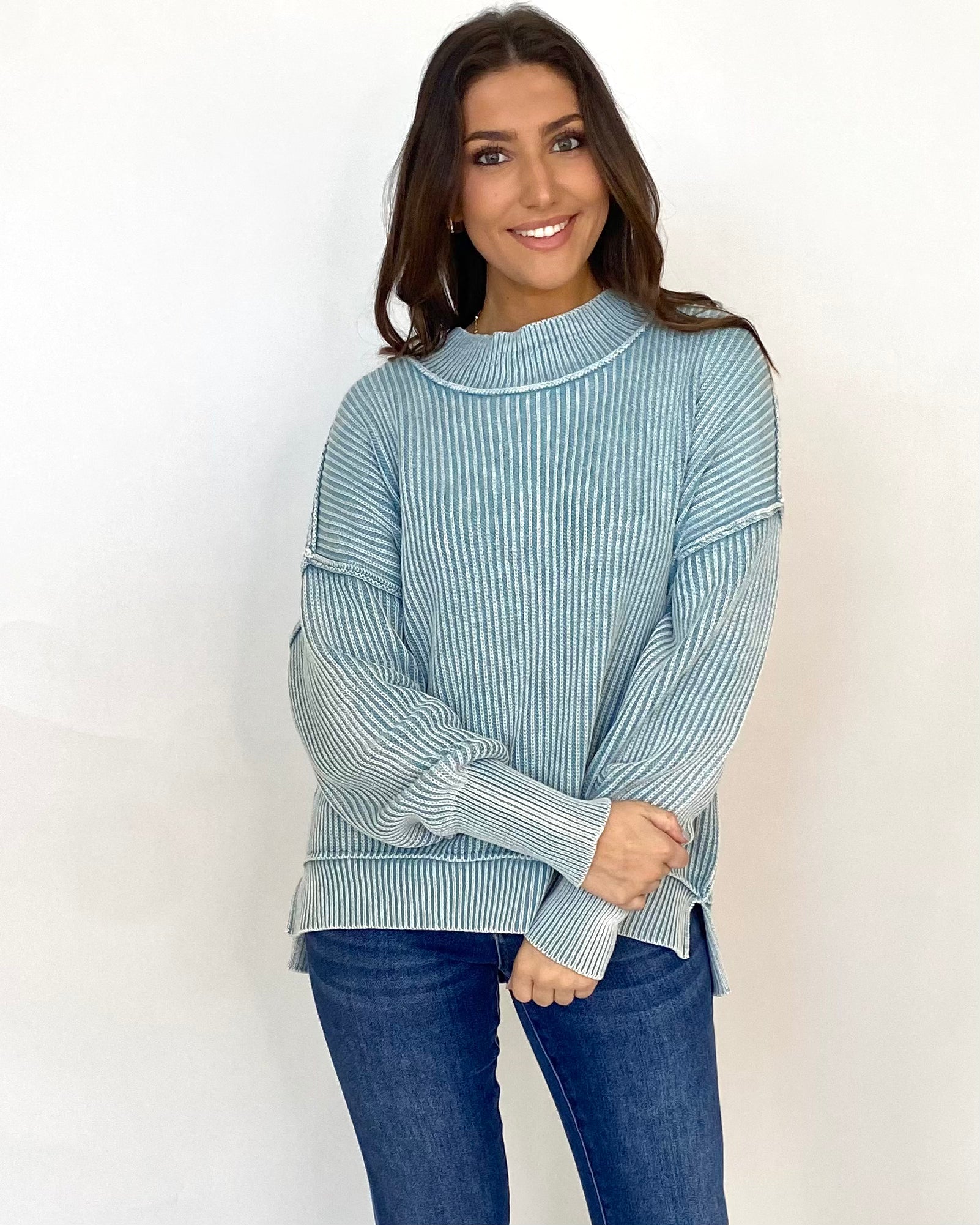 Pass By Dusty Teal Washed Sweater-Shop-Womens-Boutique-Clothing