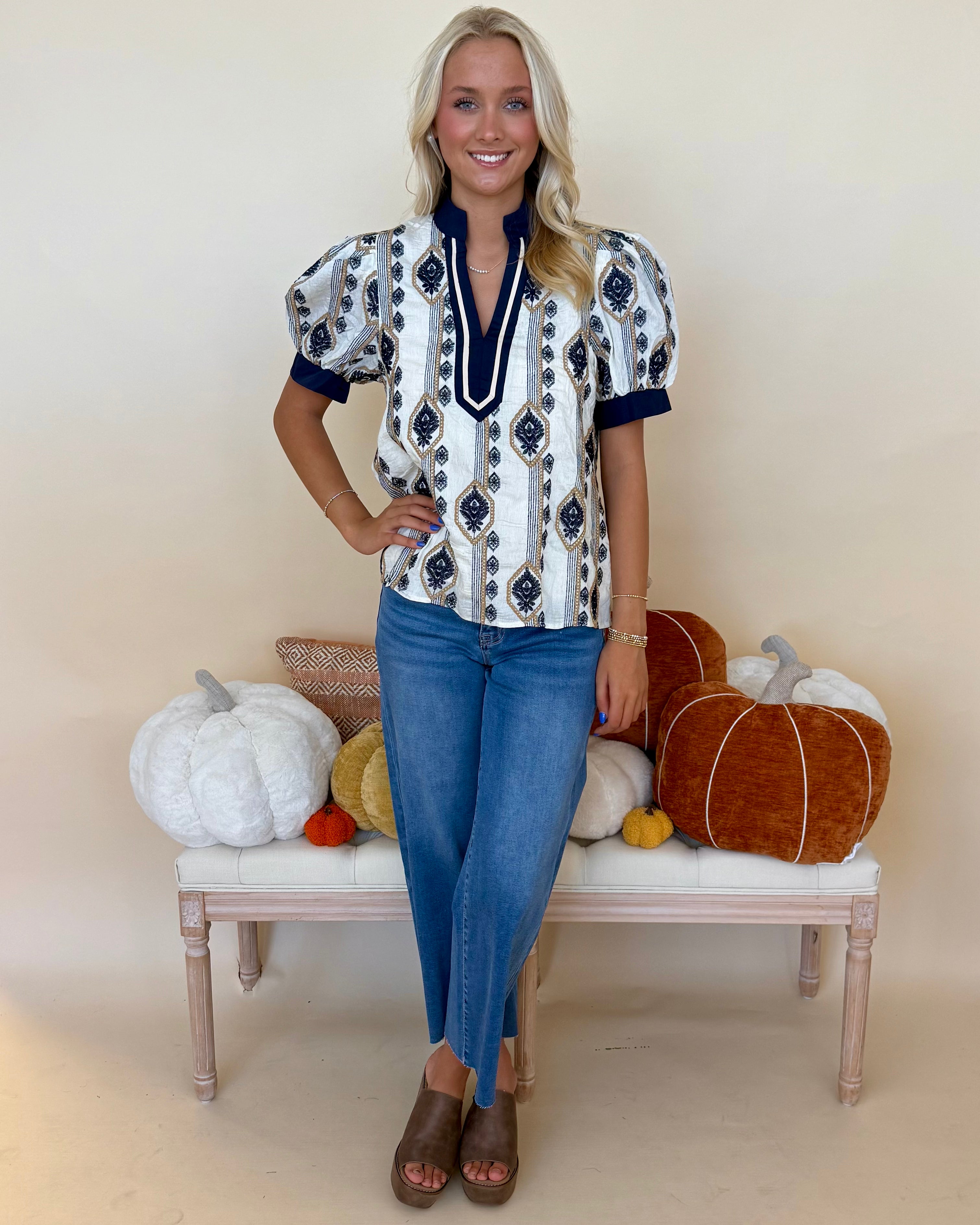 Effortless Fun Navy Abstract V Neck Top-Shop-Womens-Boutique-Clothing