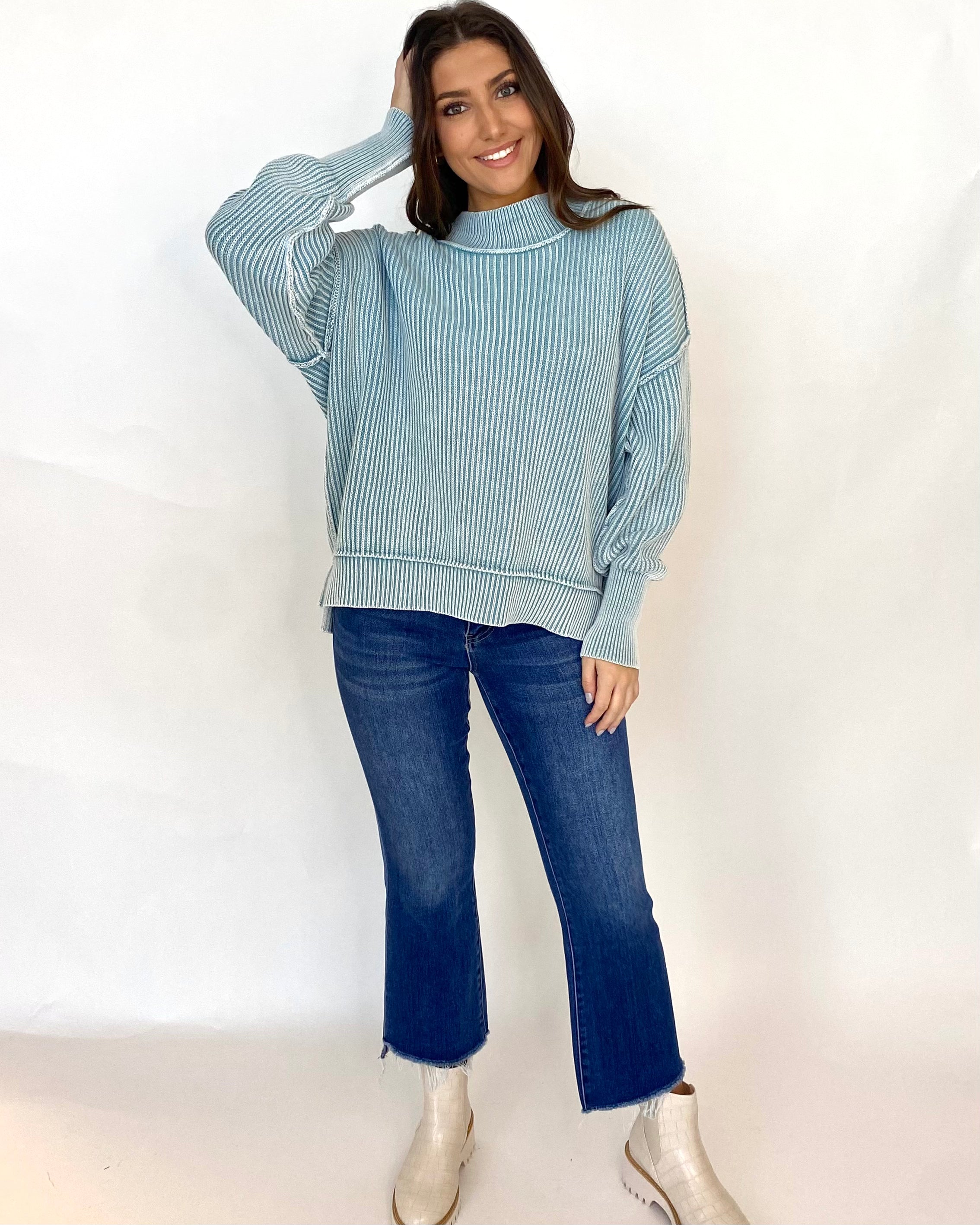 Pass By Dusty Teal Washed Sweater-Shop-Womens-Boutique-Clothing