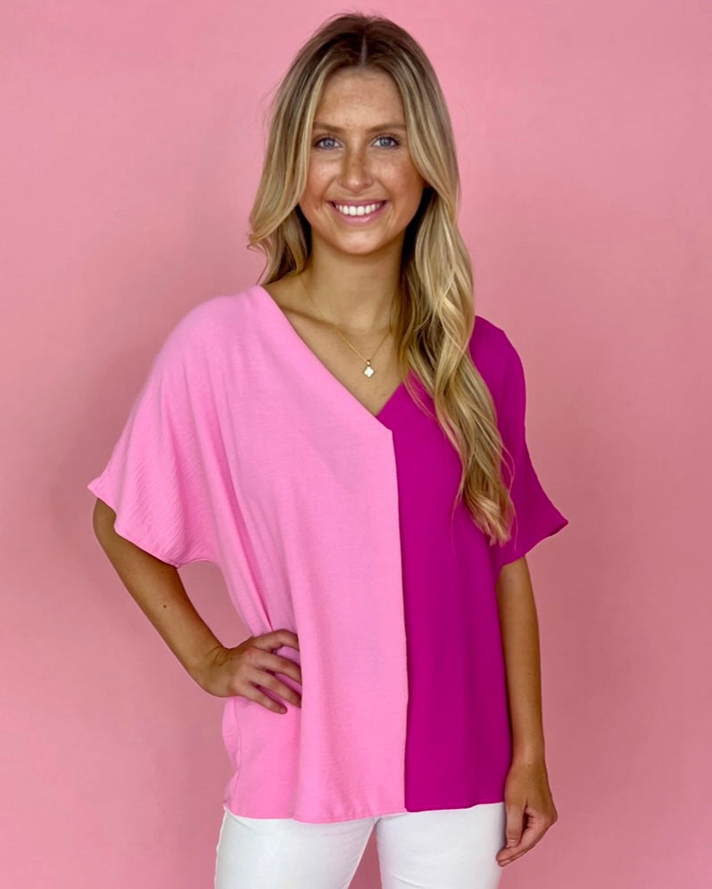 Many Moments Pink/Fuchsia Color Block V-neck Top-Shop-Womens-Boutique-Clothing