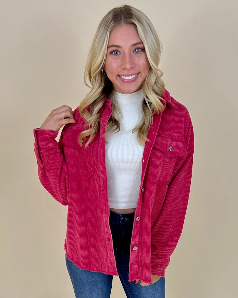 In Love Hot Pink Corduroy Shirt Jacket-Shop-Womens-Boutique-Clothing