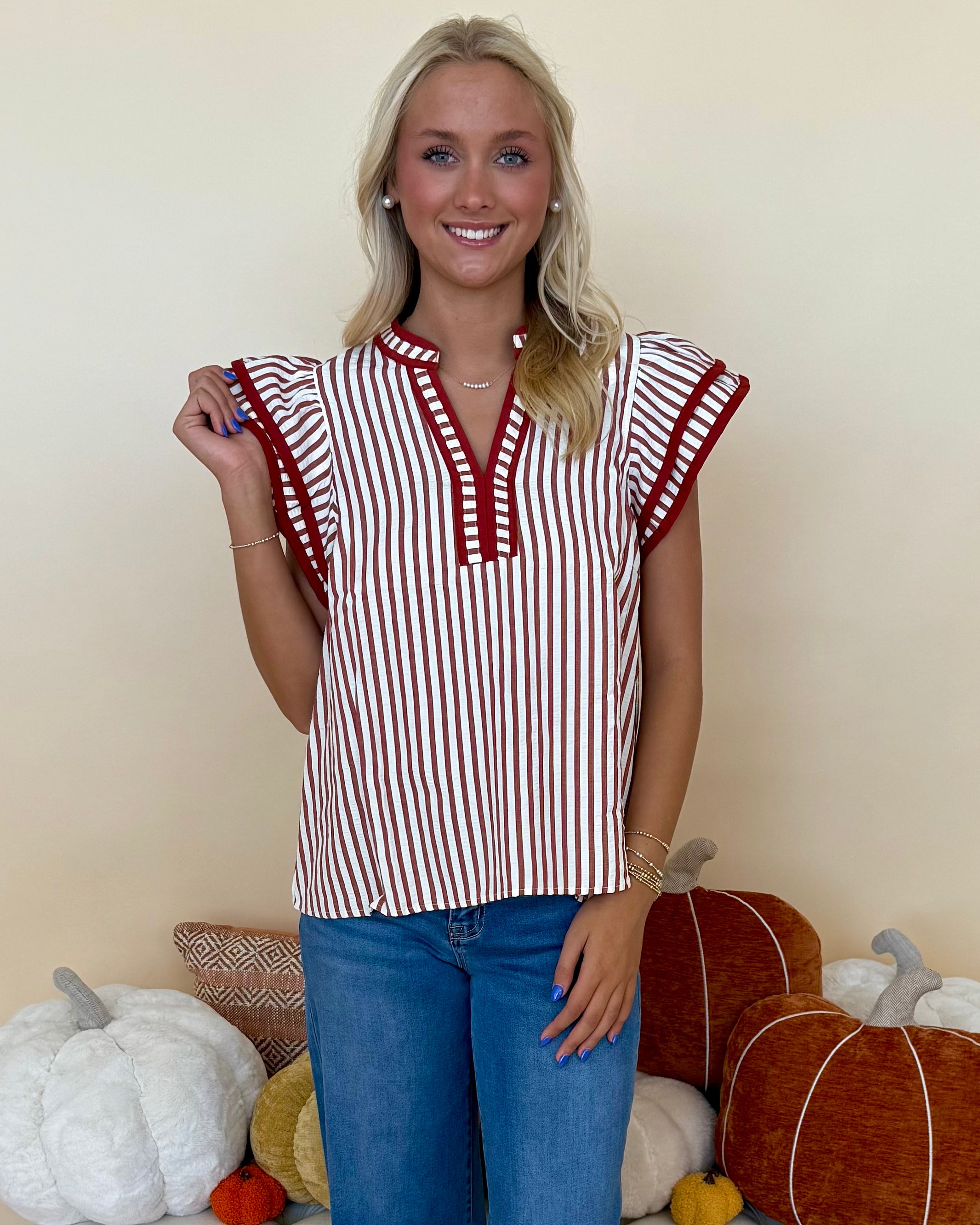 Getting Better Rust Stripe Flutter Sleeve Top-Shop-Womens-Boutique-Clothing