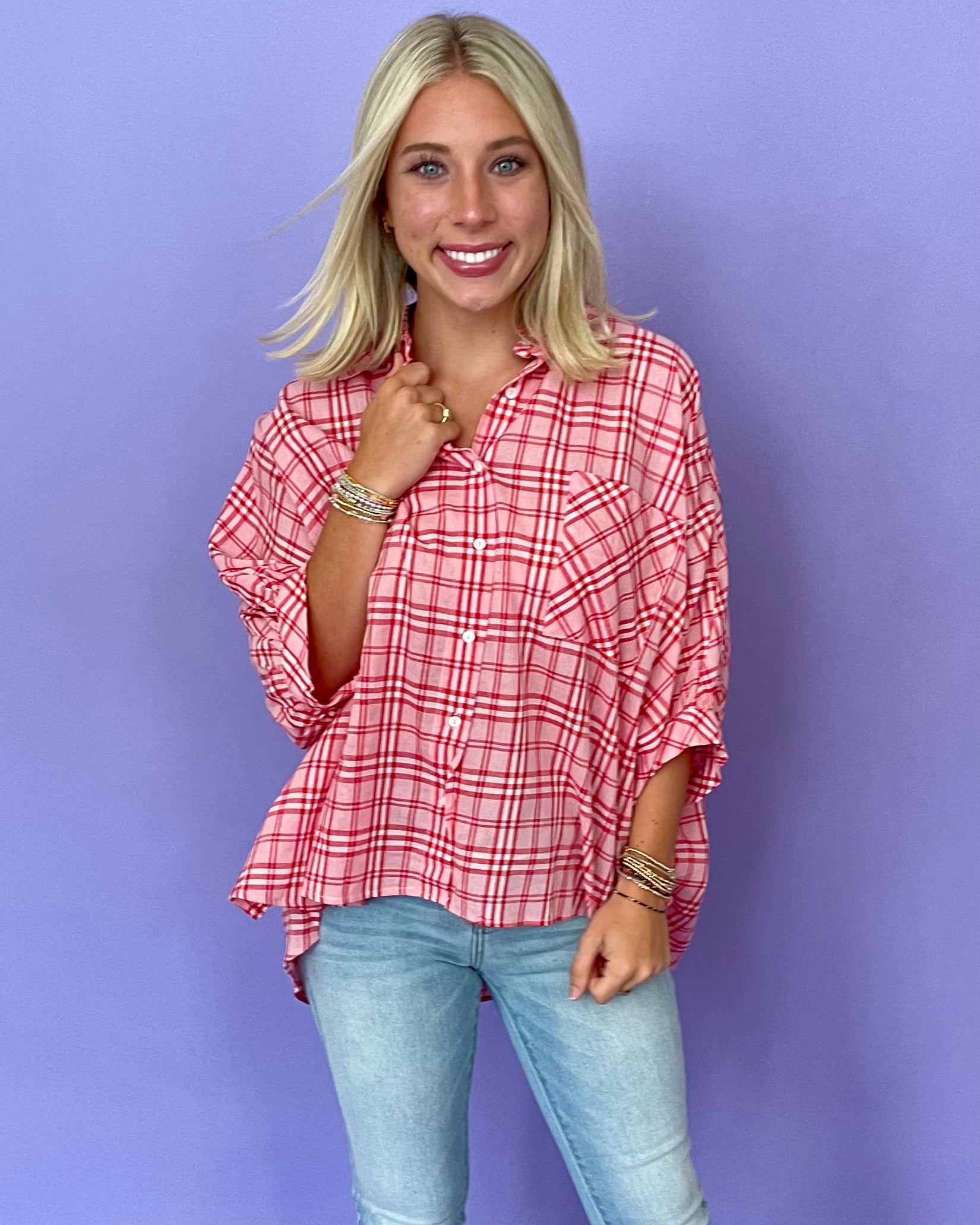 Weekender Pink Red Plaid Top-Shop-Womens-Boutique-Clothing