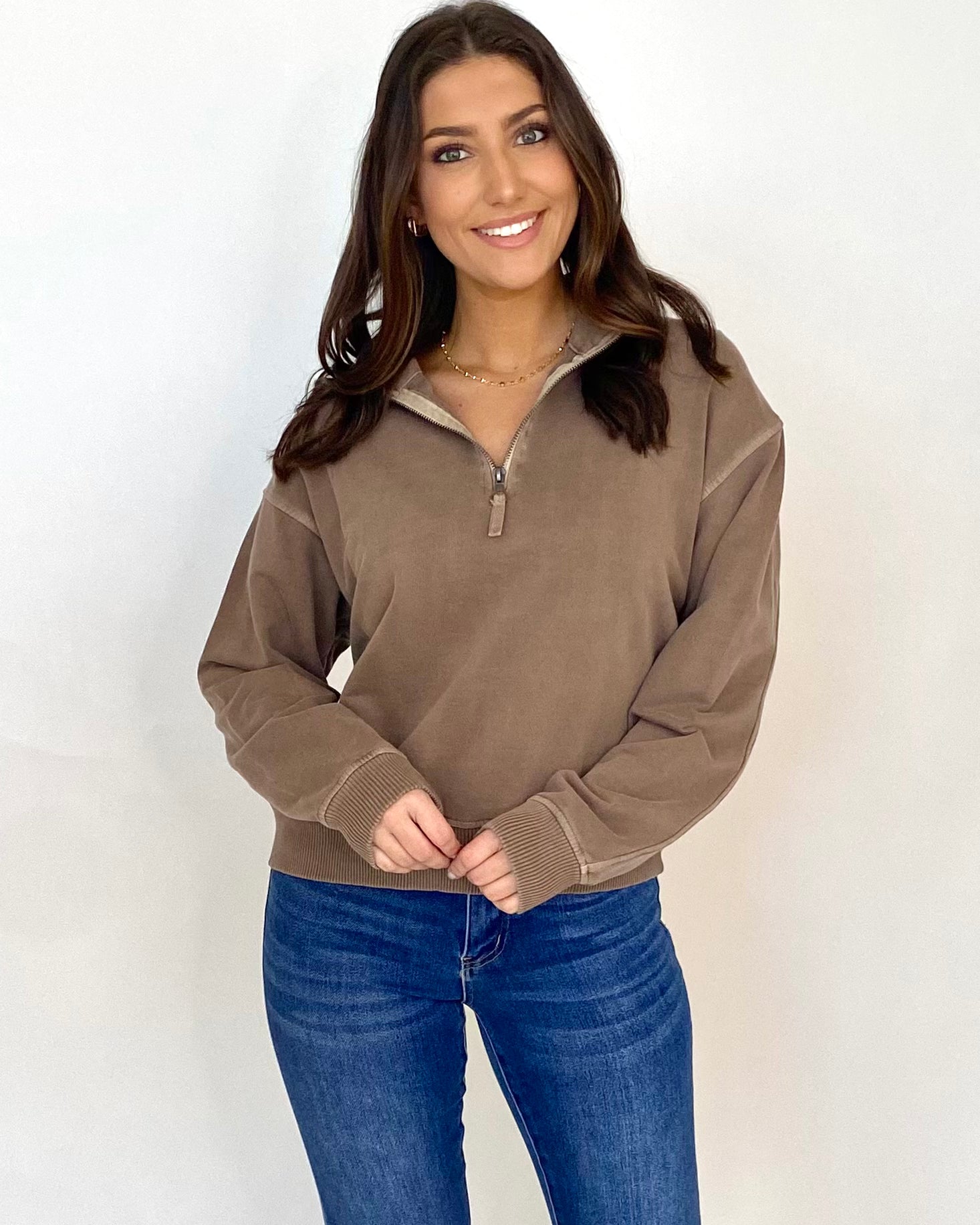 This One Mocha Half Zip Pullover-Shop-Womens-Boutique-Clothing