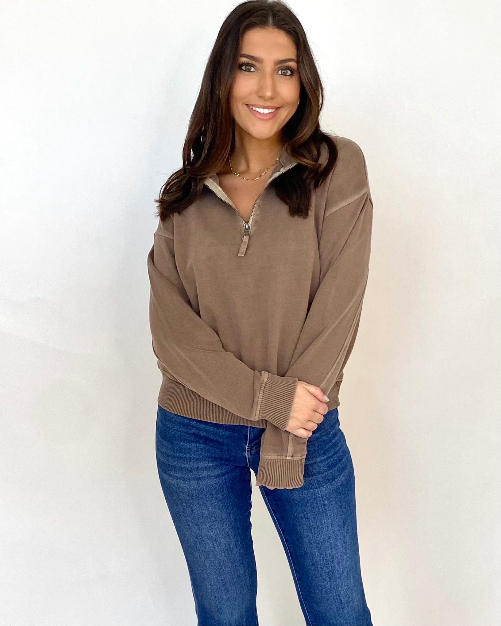 This One Mocha Half Zip Pullover-Shop-Womens-Boutique-Clothing