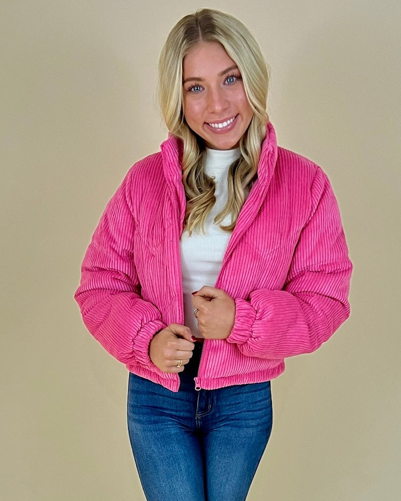 Not A Doubt Pink Ribbed Puffer Coat-Shop-Womens-Boutique-Clothing