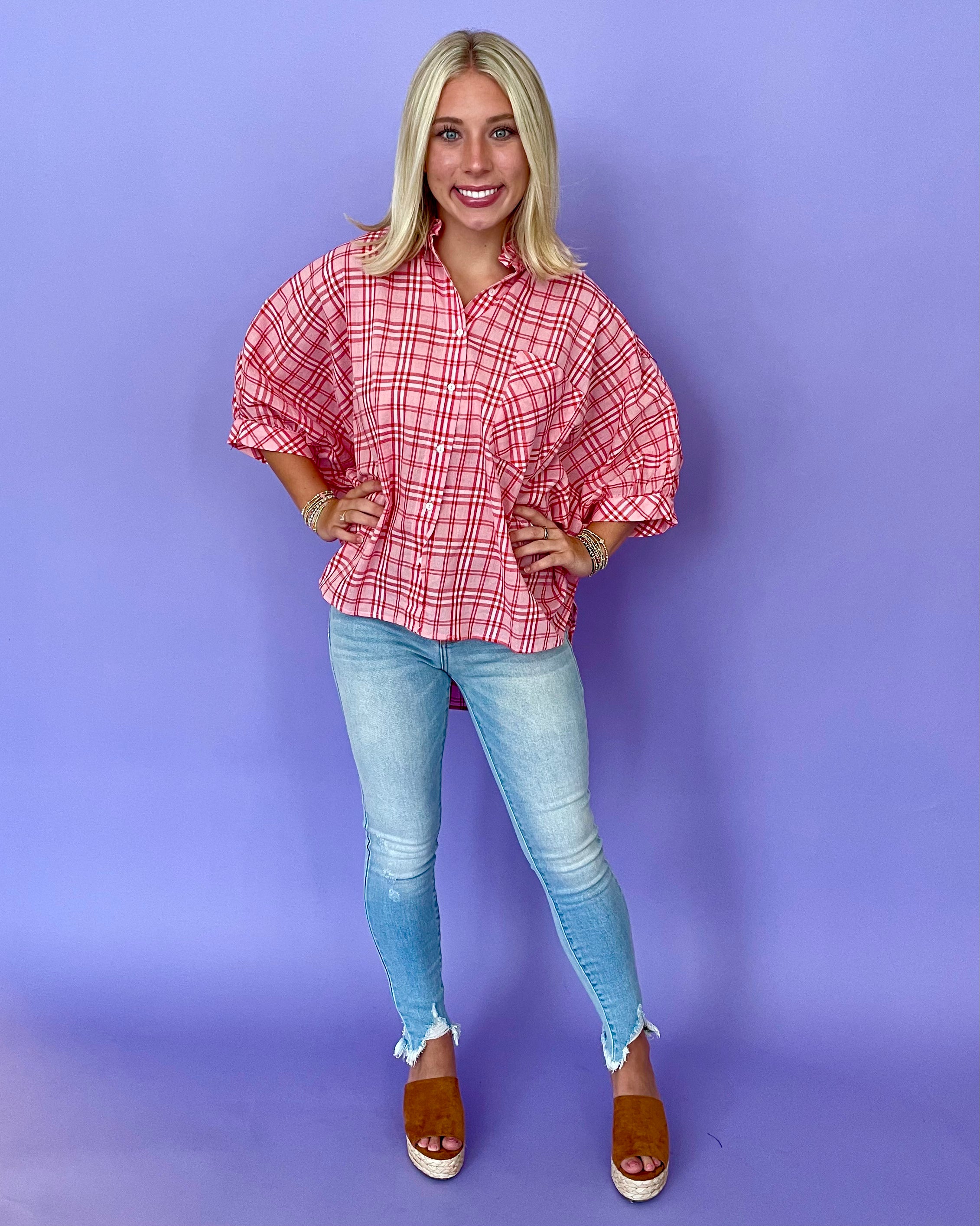 Weekender Pink Red Plaid Top-Shop-Womens-Boutique-Clothing