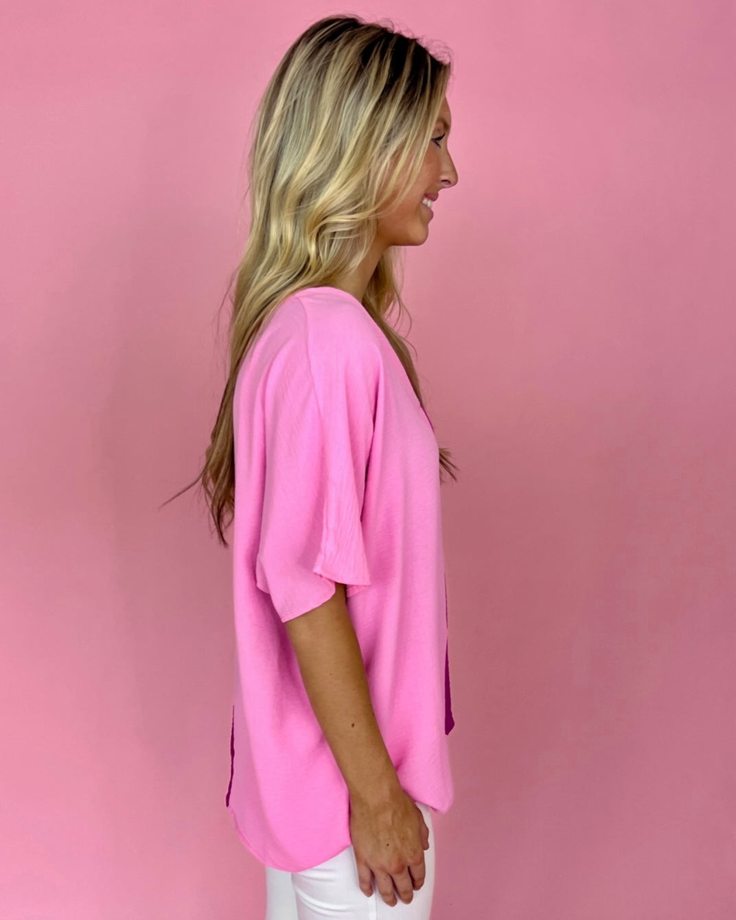 Many Moments Pink/Fuchsia Color Block V-neck Top-Shop-Womens-Boutique-Clothing