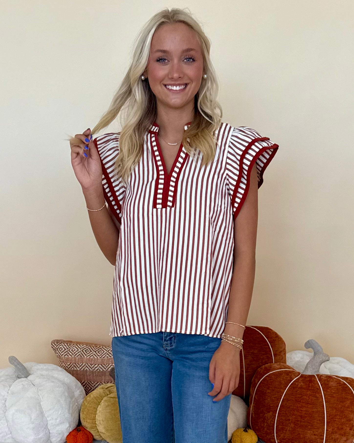 Getting Better Rust Stripe Flutter Sleeve Top-Shop-Womens-Boutique-Clothing