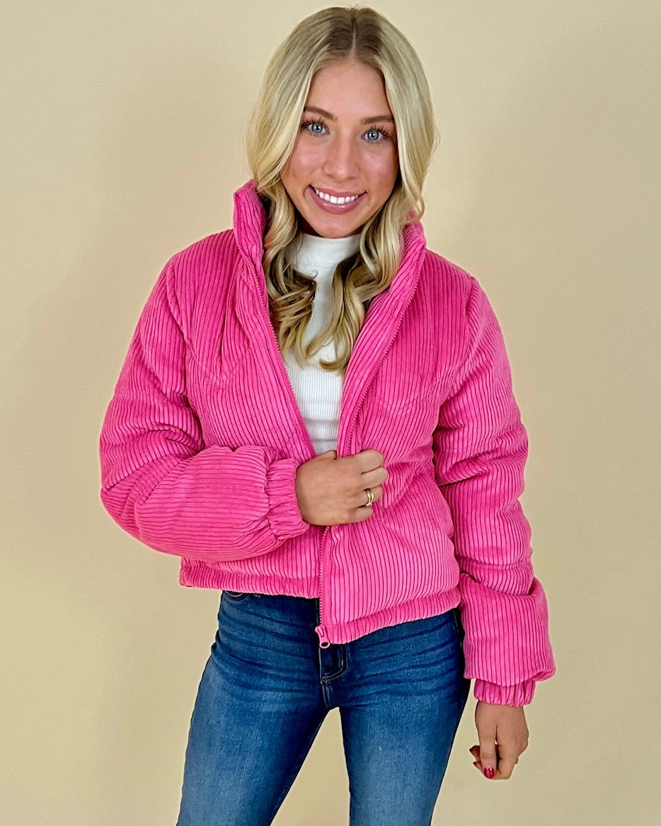 Not A Doubt Pink Ribbed Puffer Coat-Shop-Womens-Boutique-Clothing