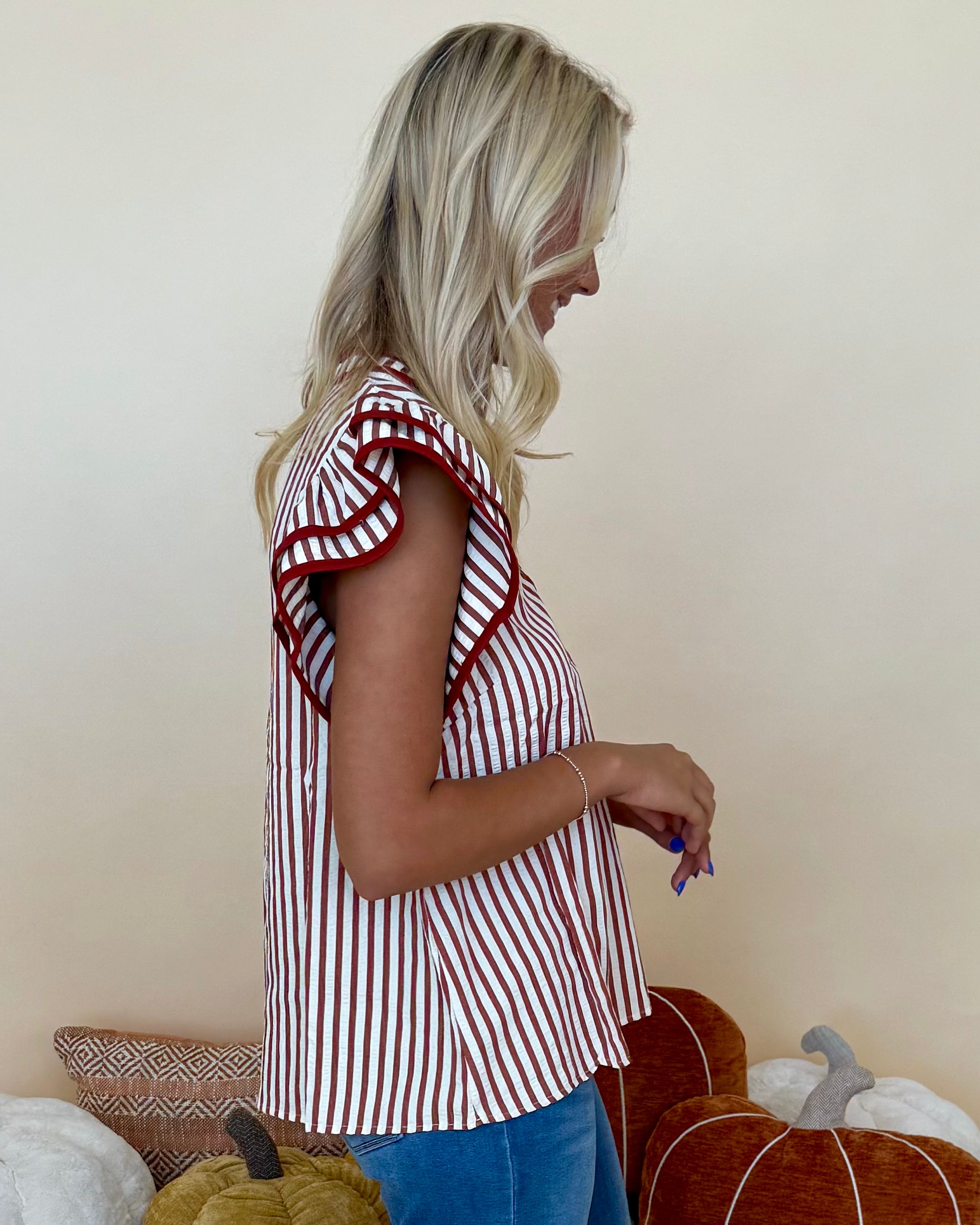 Getting Better Rust Stripe Flutter Sleeve Top-Shop-Womens-Boutique-Clothing
