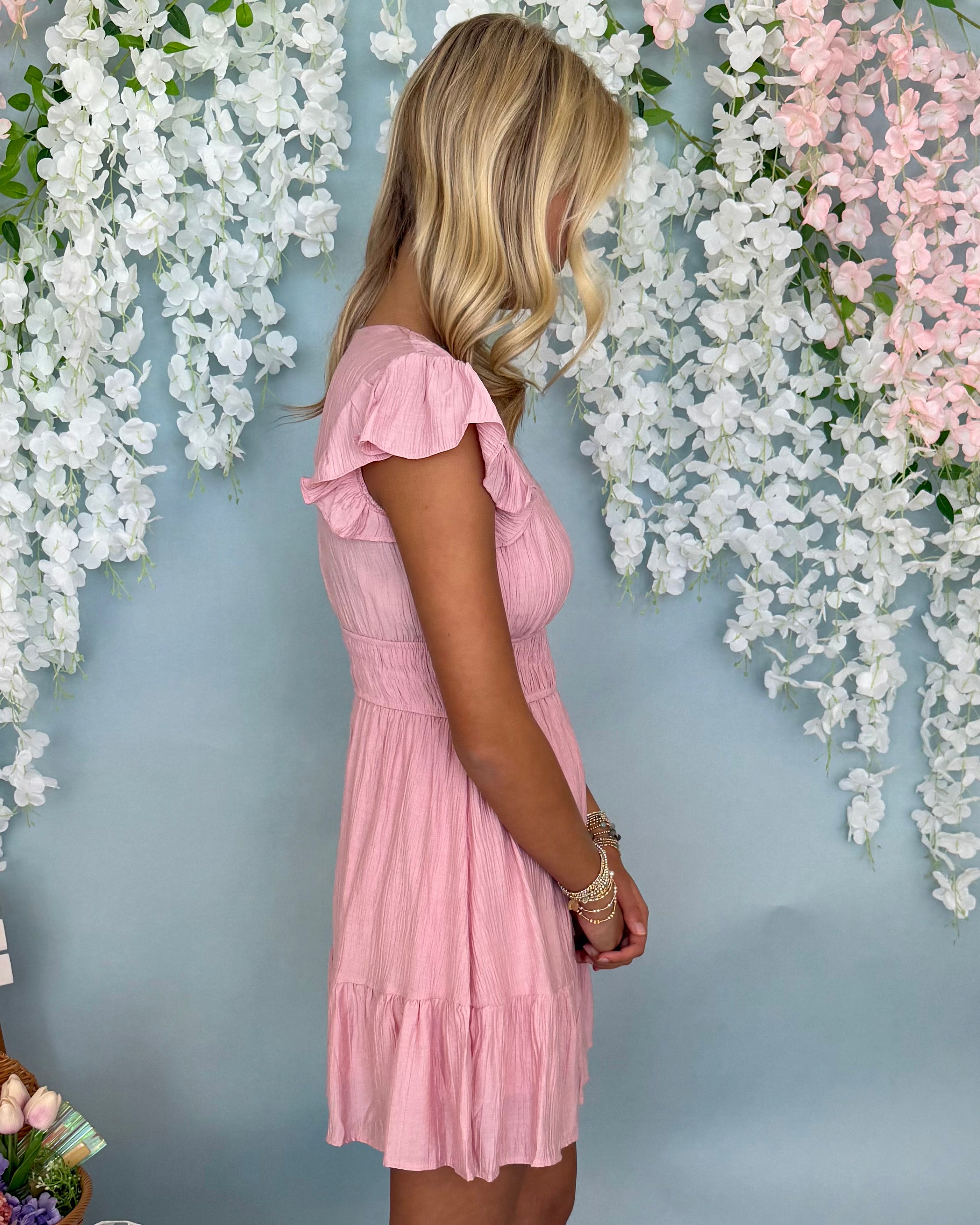 Rose Garden Pink Ruffle Shirred Dress-Shop-Womens-Boutique-Clothing
