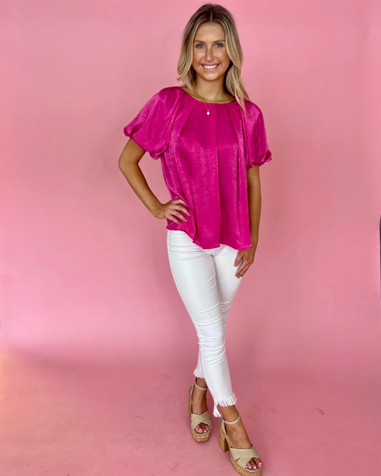 A New Opportunity Hot Pink Satin Puff Sleeve Top-Shop-Womens-Boutique-Clothing