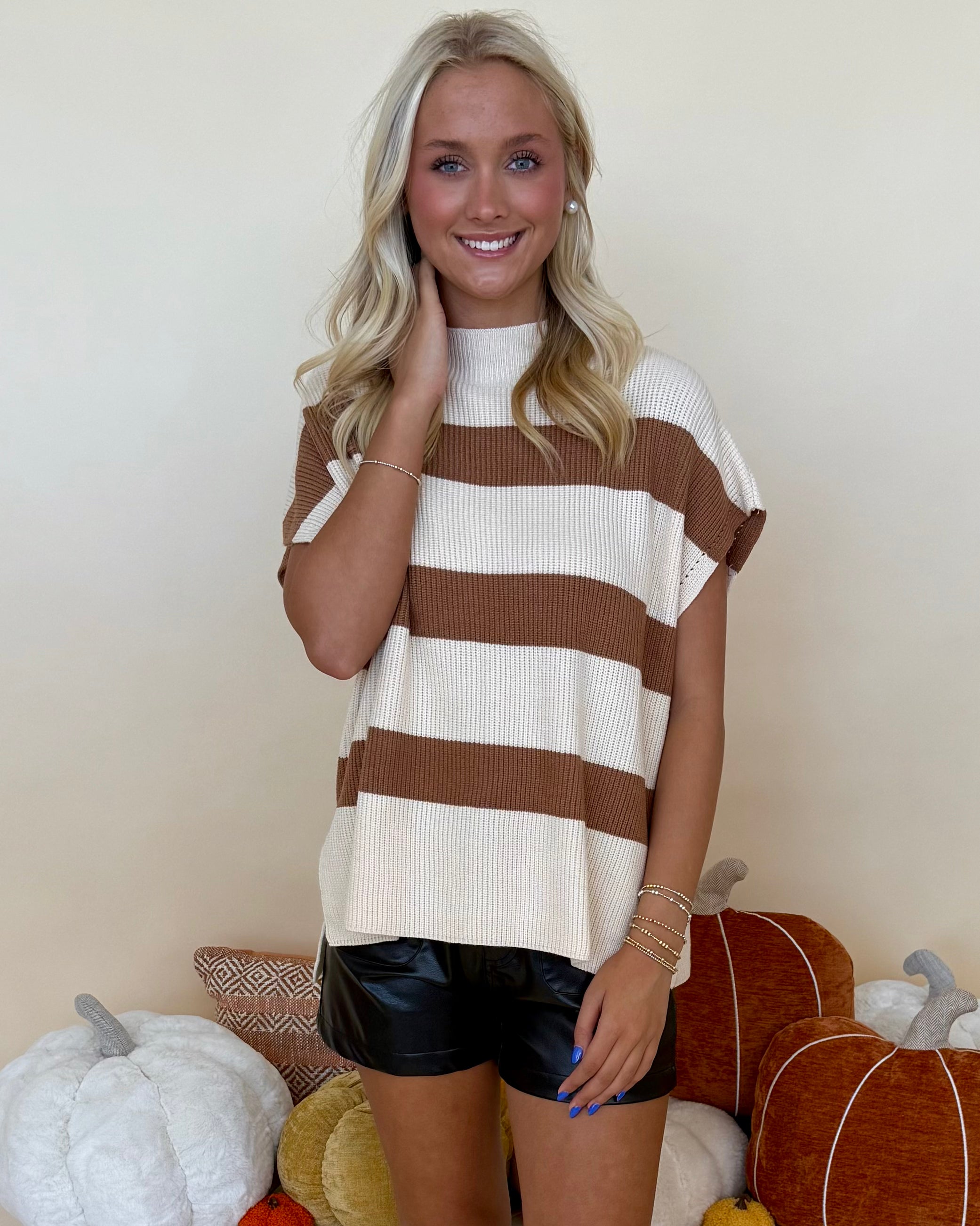 One Chance Mocha/Ivory Stripe Sweater-Shop-Womens-Boutique-Clothing