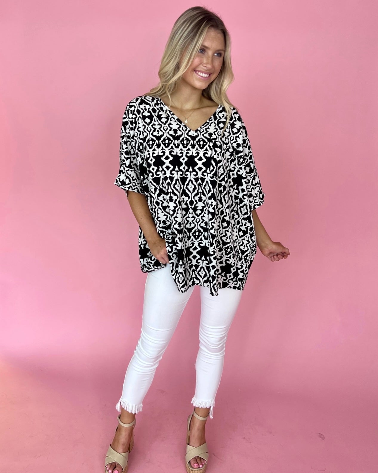 On The Move Black Printed V-neck Pocket Top-Shop-Womens-Boutique-Clothing