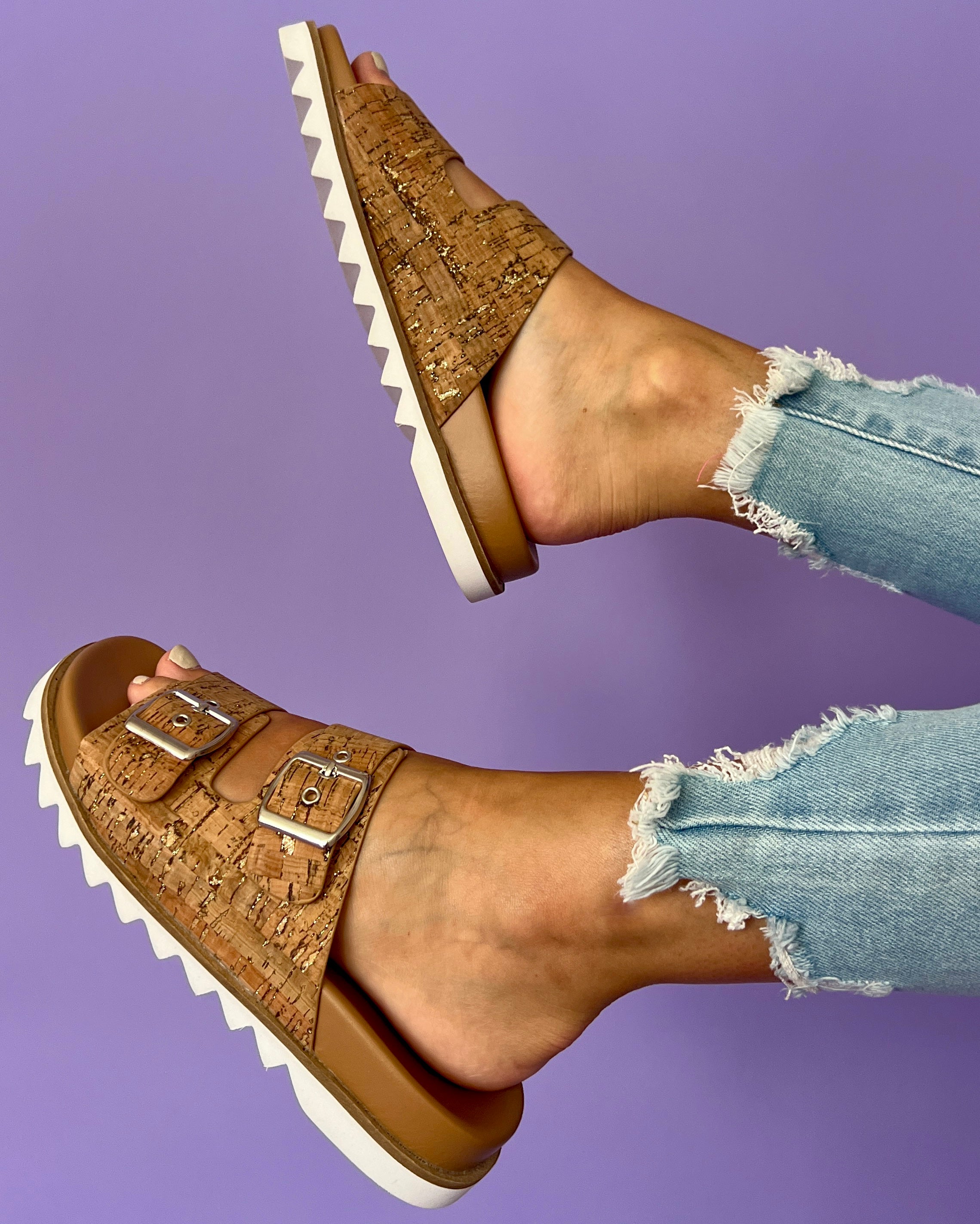 Kelsey Glitter Cork Double Buckle Strap Sandals-Shop-Womens-Boutique-Clothing