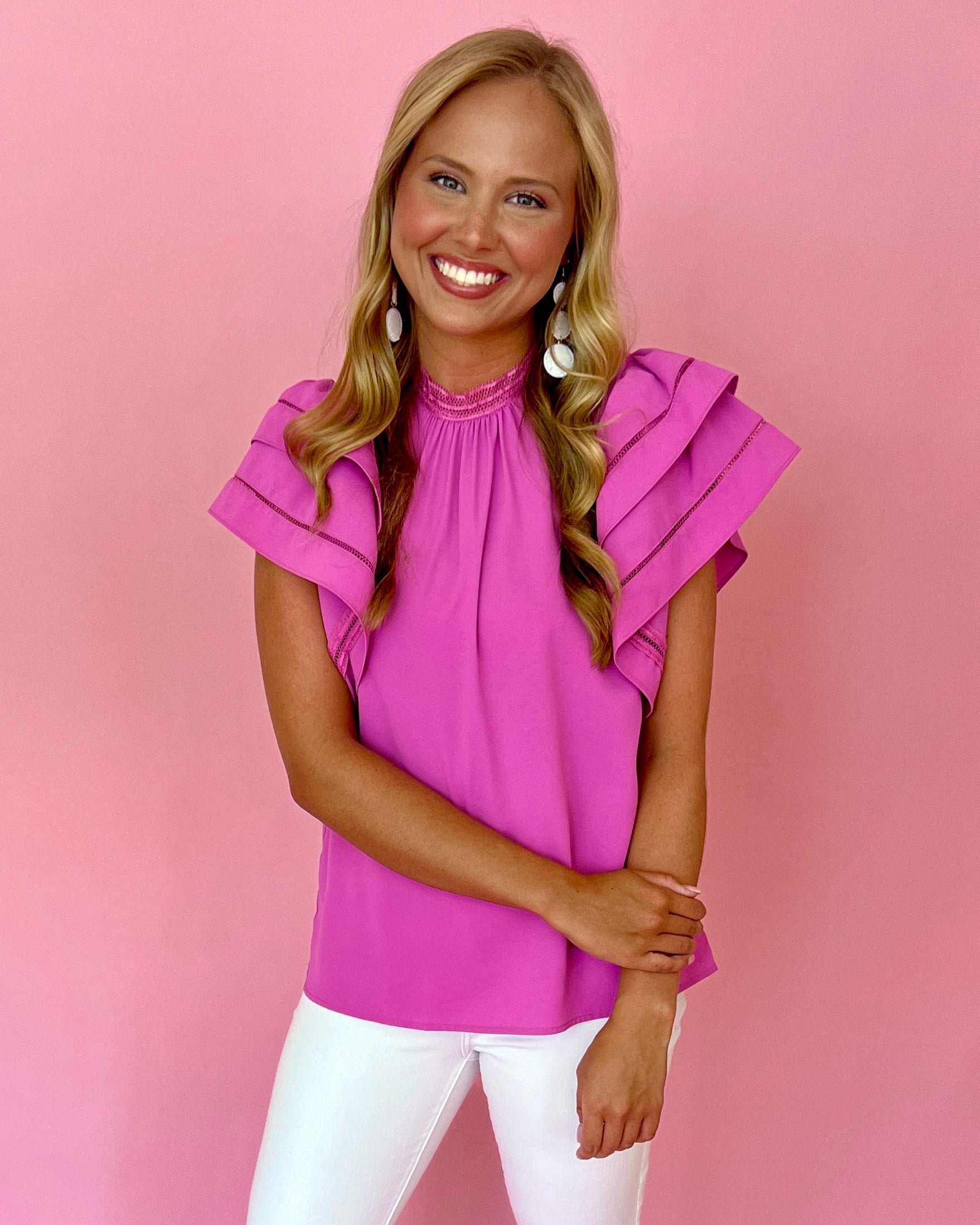Sunny Days Pink Double Layer Sleeve Mock Neck Top-Shop-Womens-Boutique-Clothing