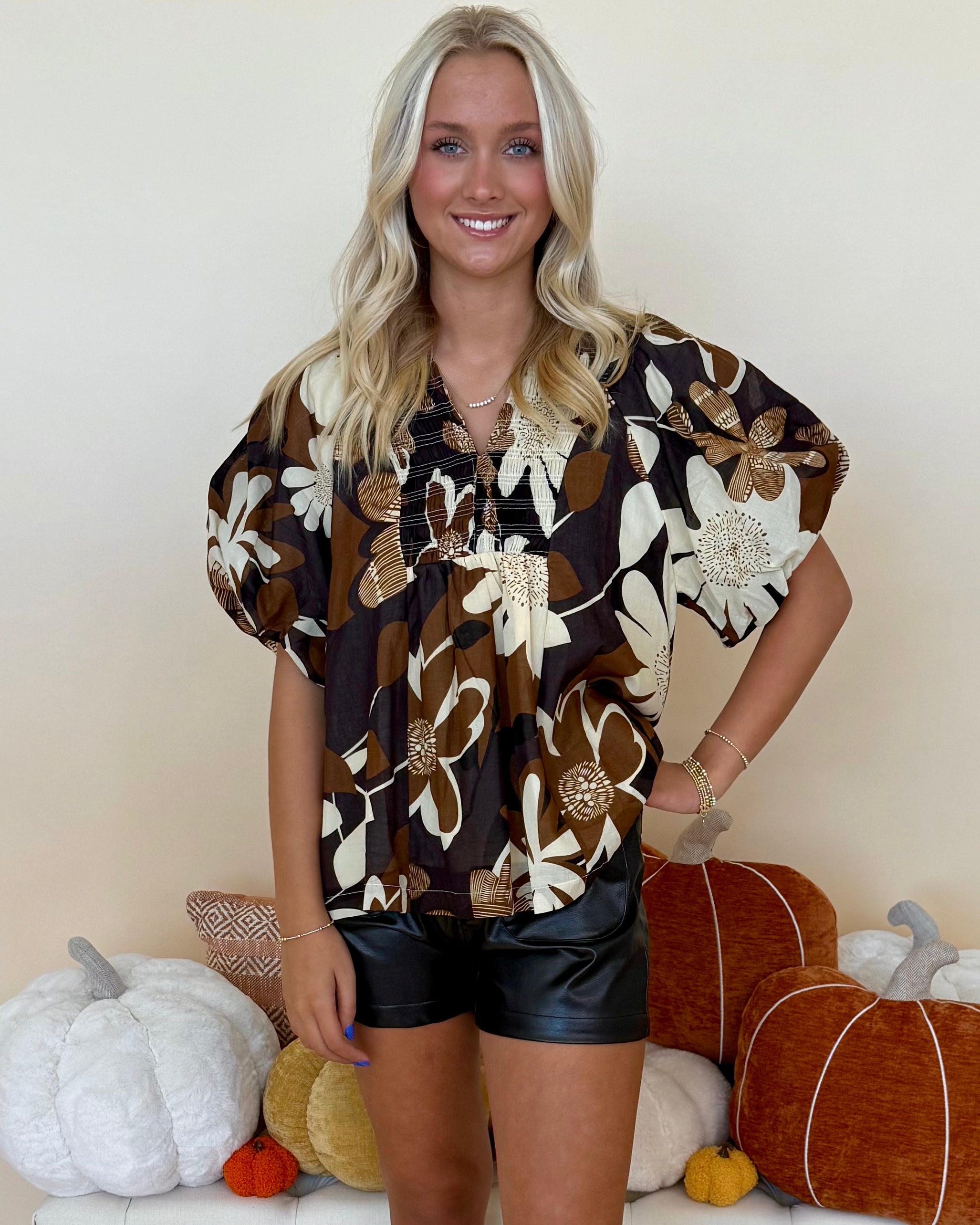 Whimsy Days Camel Floral Smocked Top-Shop-Womens-Boutique-Clothing