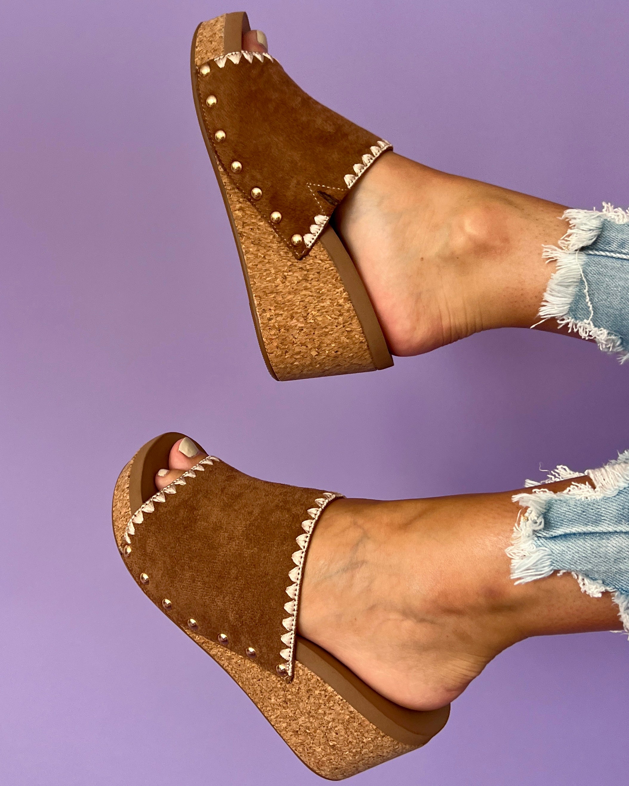 Julia Tobacco Suede Stitch Detail Slip On Wedges-Shop-Womens-Boutique-Clothing