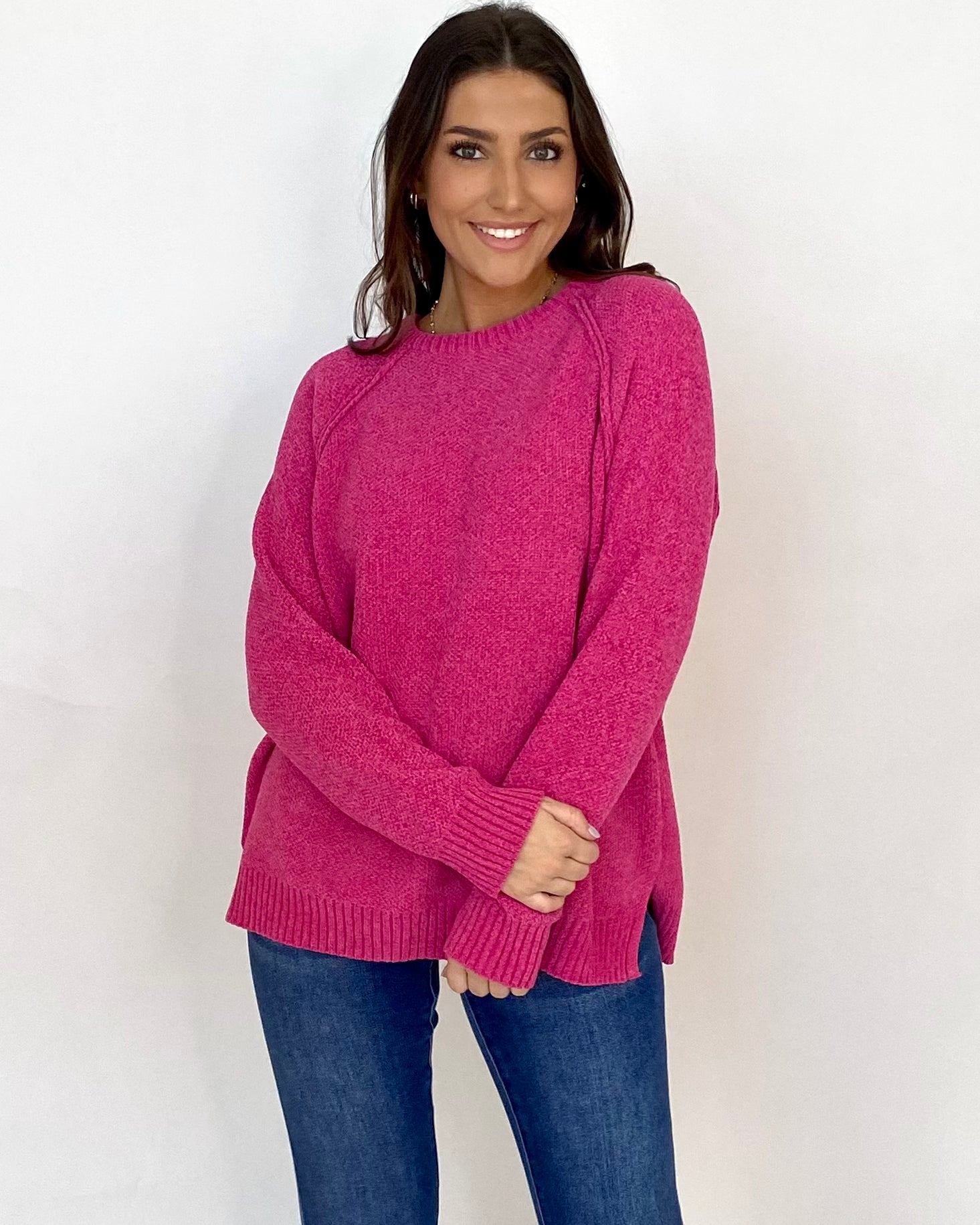 Ask Again Hot Pink Raglan Sweater-Shop-Womens-Boutique-Clothing