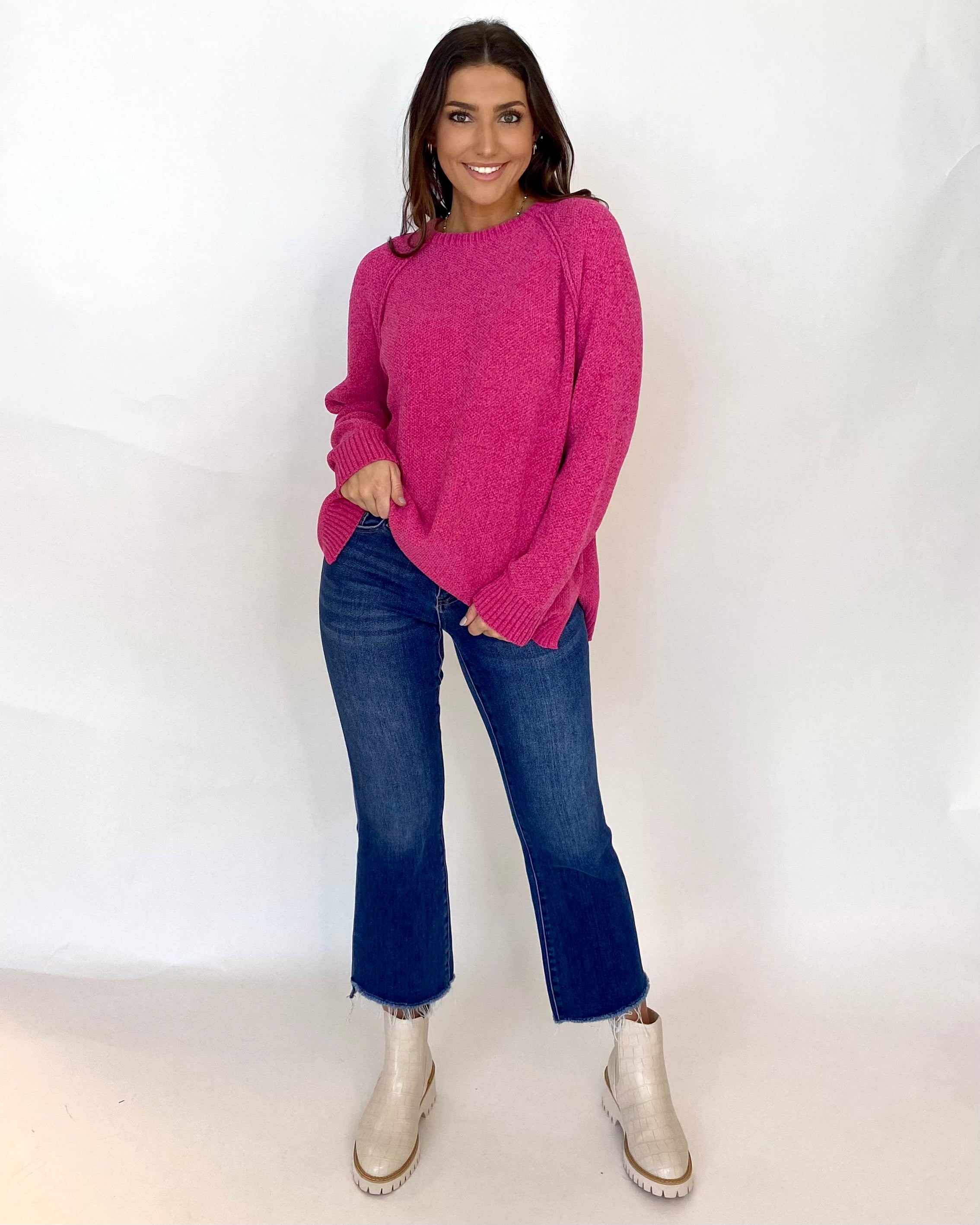 Ask Again Hot Pink Raglan Sweater-Shop-Womens-Boutique-Clothing